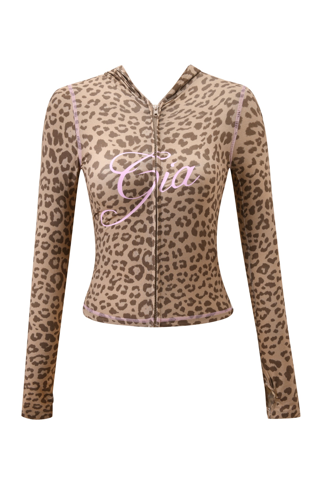 The BLARE HOODIE - MOCHA LEOPARD by I.AM.GIA is a long-sleeve, zip-up hoodie in mocha leopard print with “Gia” in large, light pink cursive lettering across the chest.