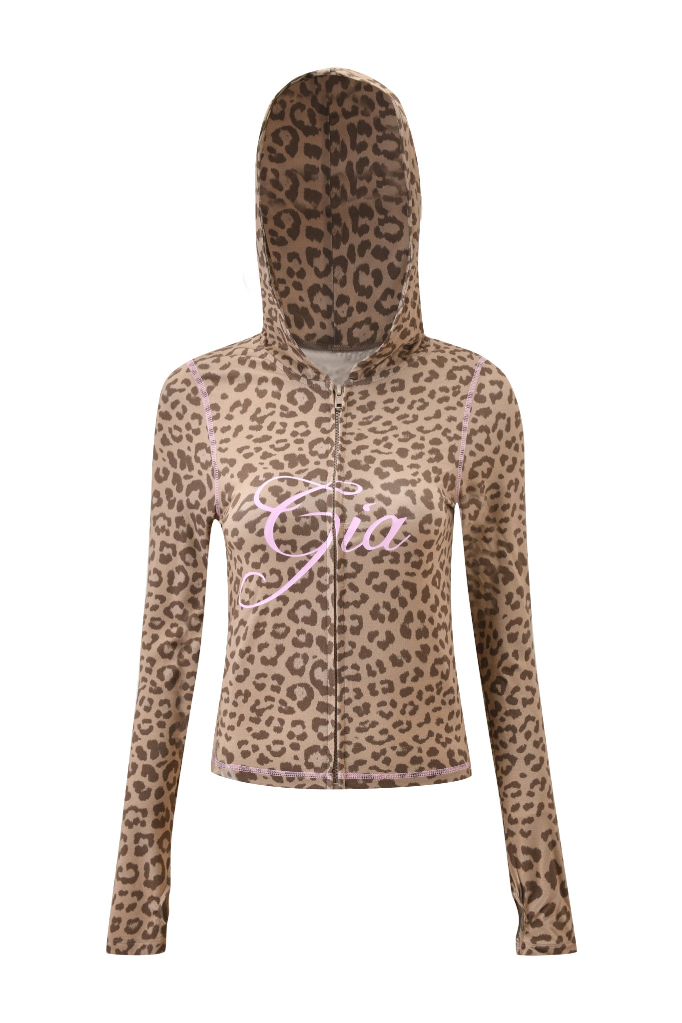 The BLARE HOODIE - MOCHA LEOPARD by I.AM.GIA is a long-sleeve, zip-up hoodie with a mocha leopard print and "Gia" in pink cursive on the front, shown against a plain white background.