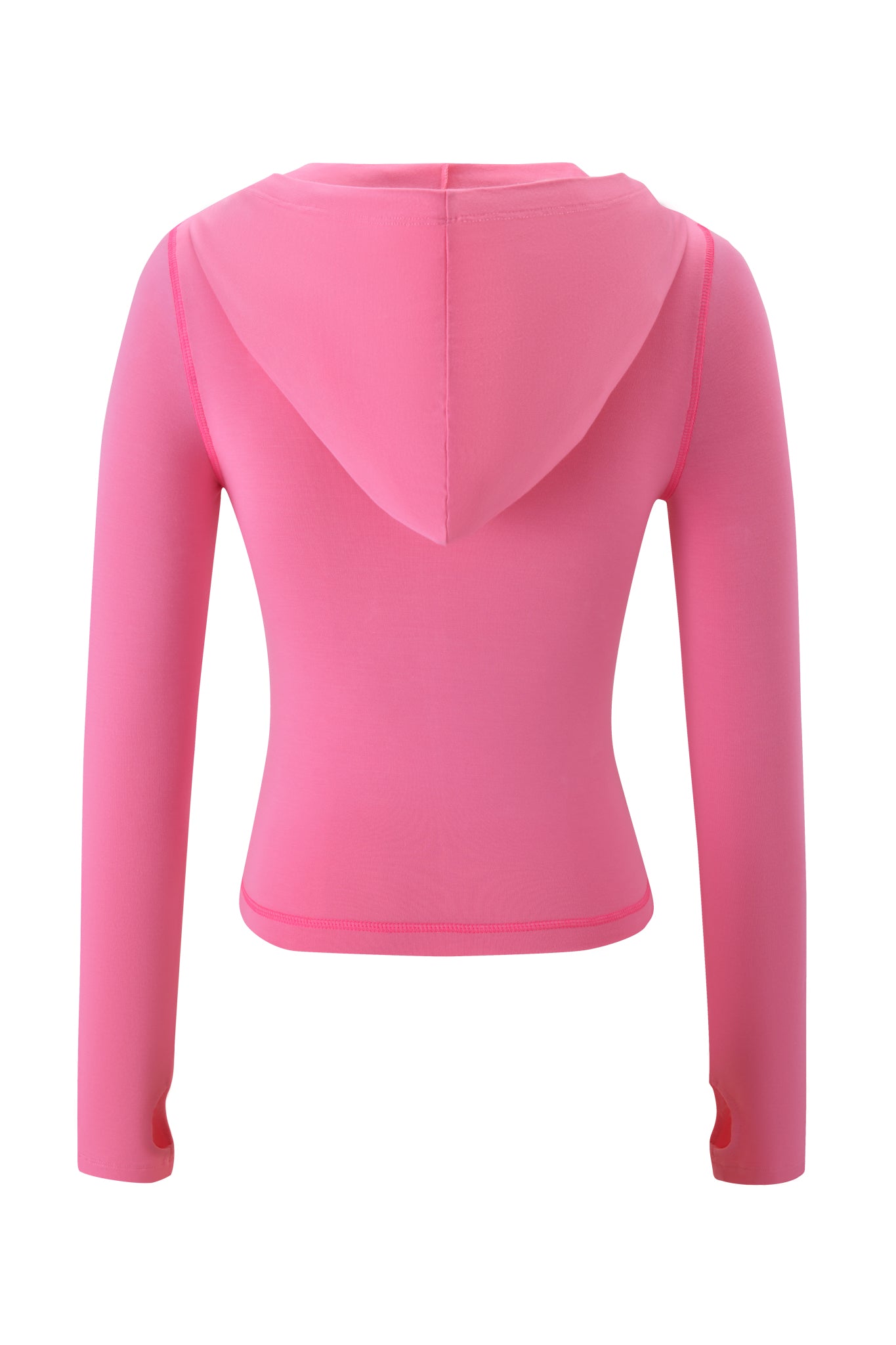 The I.AM.GIA BLARE HOODIE in neon pink is a slim, bodycon long-sleeve hoodie with a sleek silhouette, shown from the back and featuring no visible designs or logos.