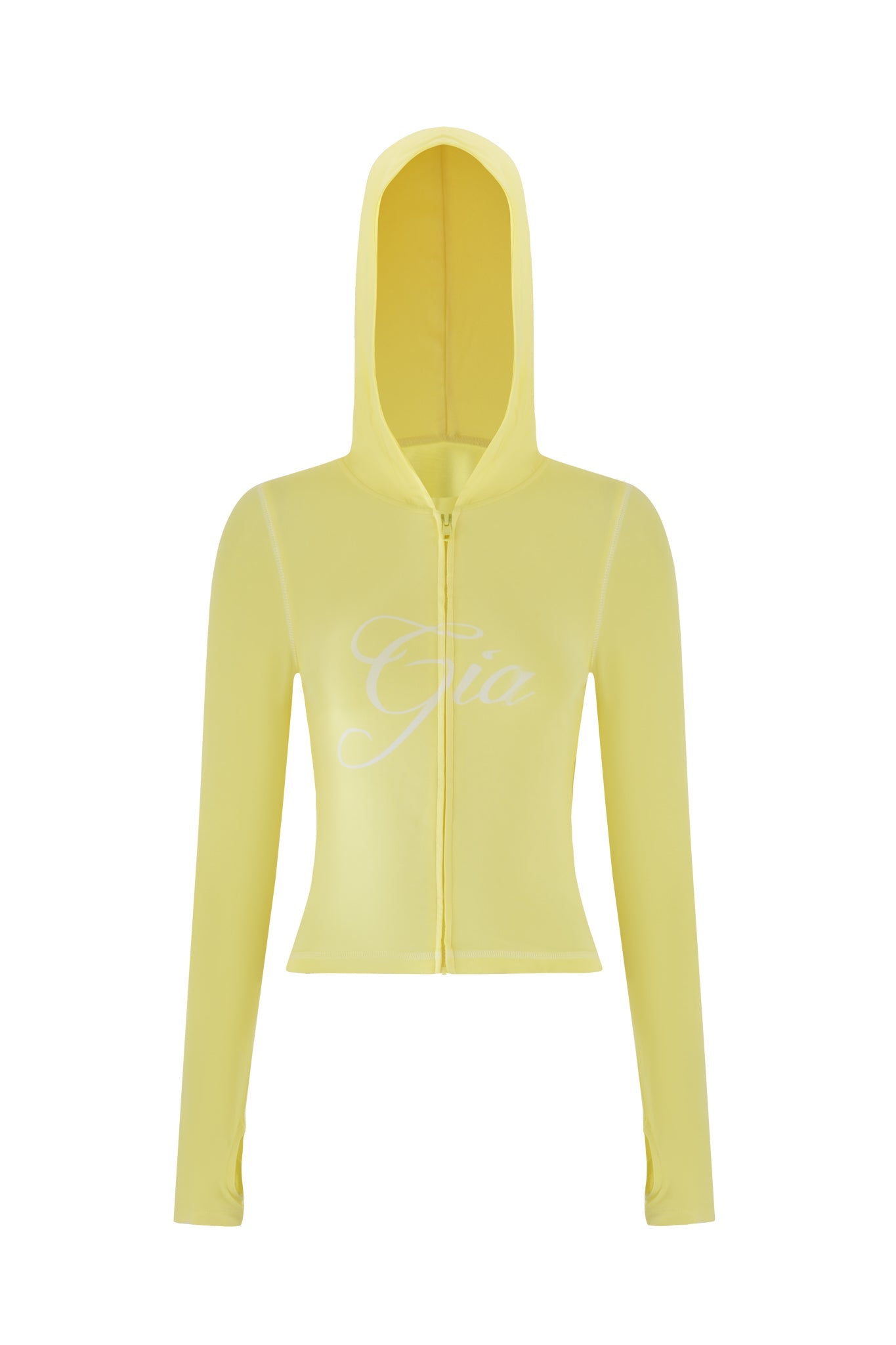 The Blare Hoodie by I.AM.GIA showcases a seamless, fitted design in pale yellow, with "Gia" elegantly scripted across the front. Its bodycon silhouette enhances your shape for both style and comfort.