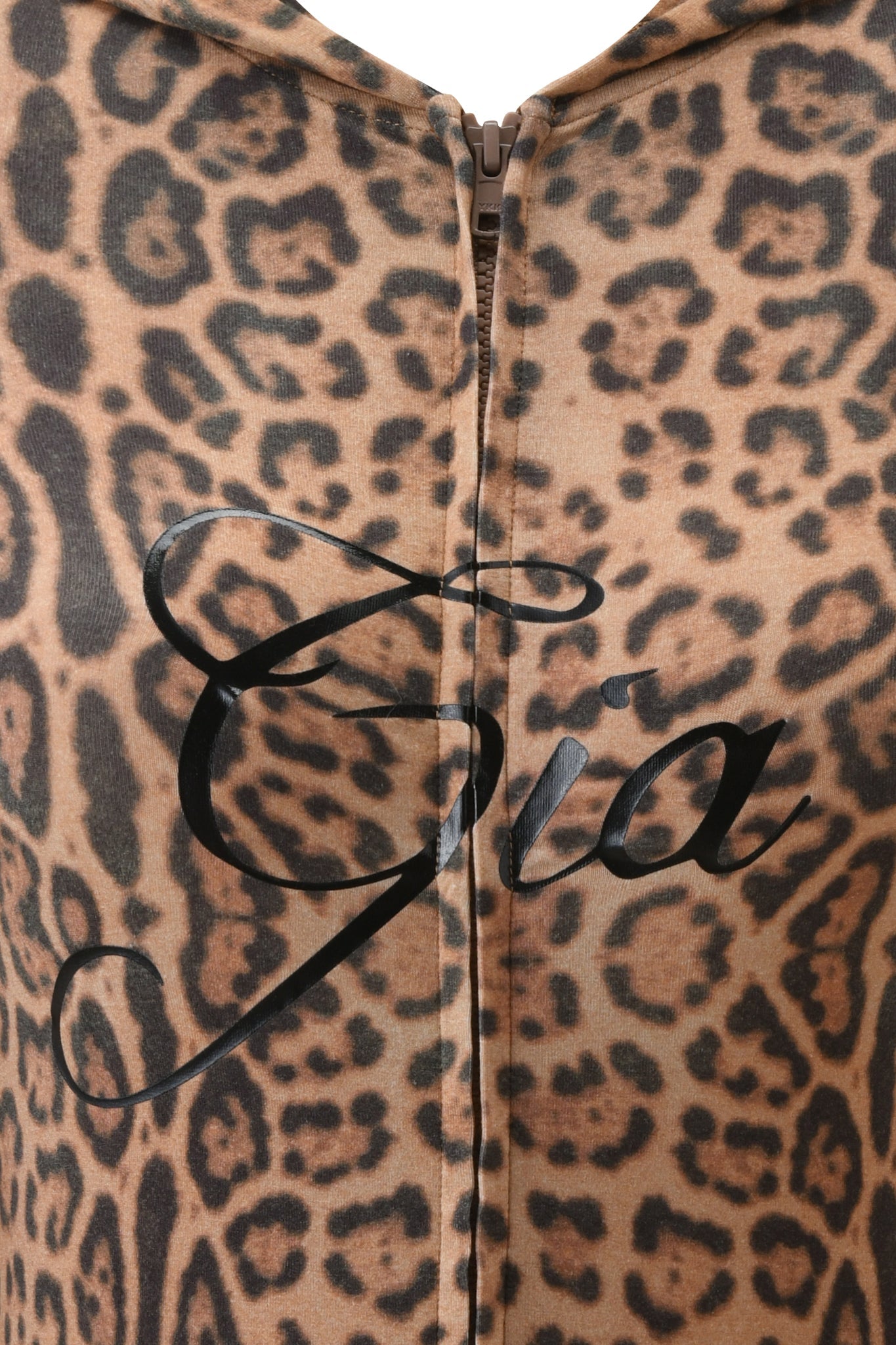 Close-up of the BLARE HOODIE - PANTHERA by I.AM.GIA, featuring a cheetah print and center zipper. "Gia" is written in bold cursive across the front, adding style and comfort to this bamboo viscose hoodie.