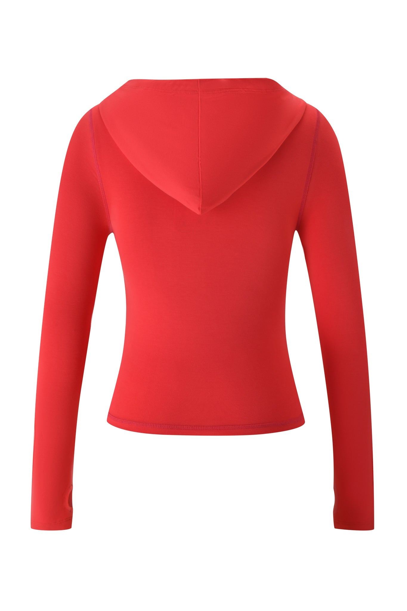 A back view of the I.AM.GIA BLARE HOODIE - PAPAYA, a fitted, long-sleeve red hoodie with a hood, no visible logos or patterns, and a smooth, stretchy fabric.