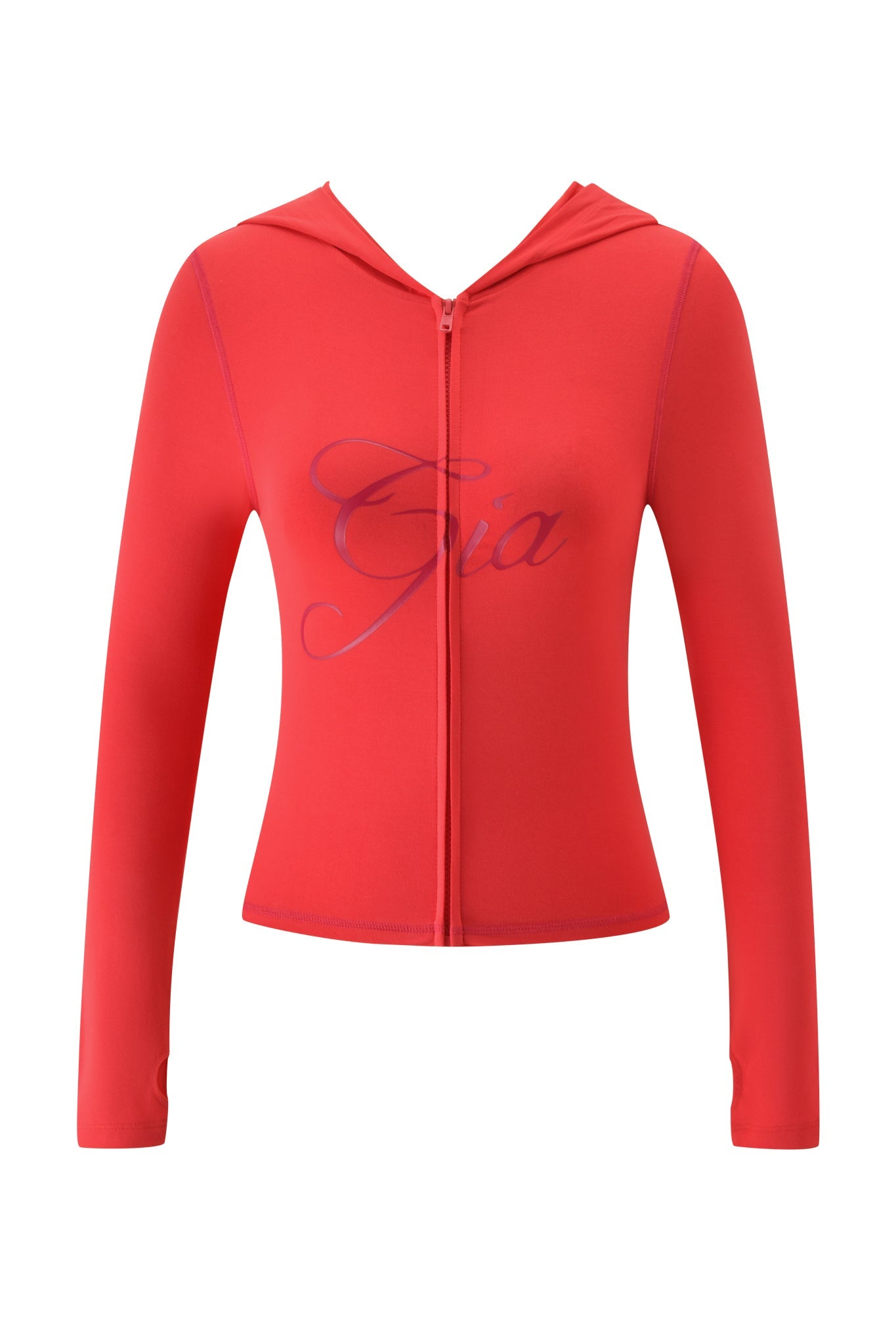 The I.AM.GIA BLARE HOODIE - PAPAYA is a bright red, long-sleeve zip-up with a fitted silhouette and "Gia" in cursive on the front.