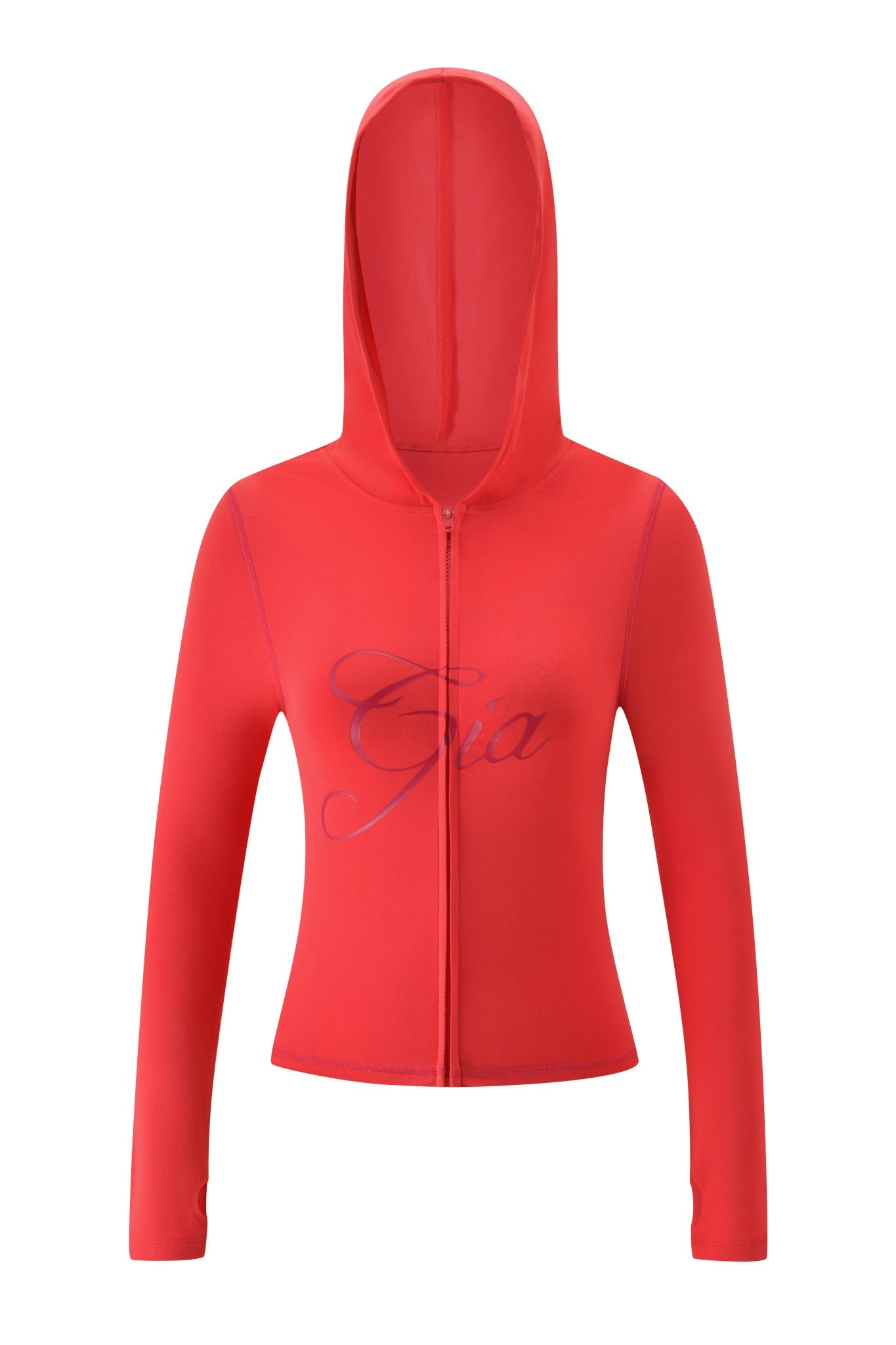 The I.AM.GIA BLARE HOODIE - PAPAYA is a long-sleeve, fitted zip-up bamboo hoodie in red with "Gia" script on the chest, shown facing forward against a plain white background.