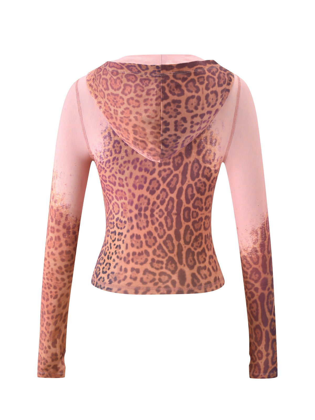 A back view of the BLARE HOODIE - PINK FADED PANTHERA by I.AM.GIA highlights its signature pink, long-sleeve, hooded crop top silhouette with a bold brown leopard print pattern.