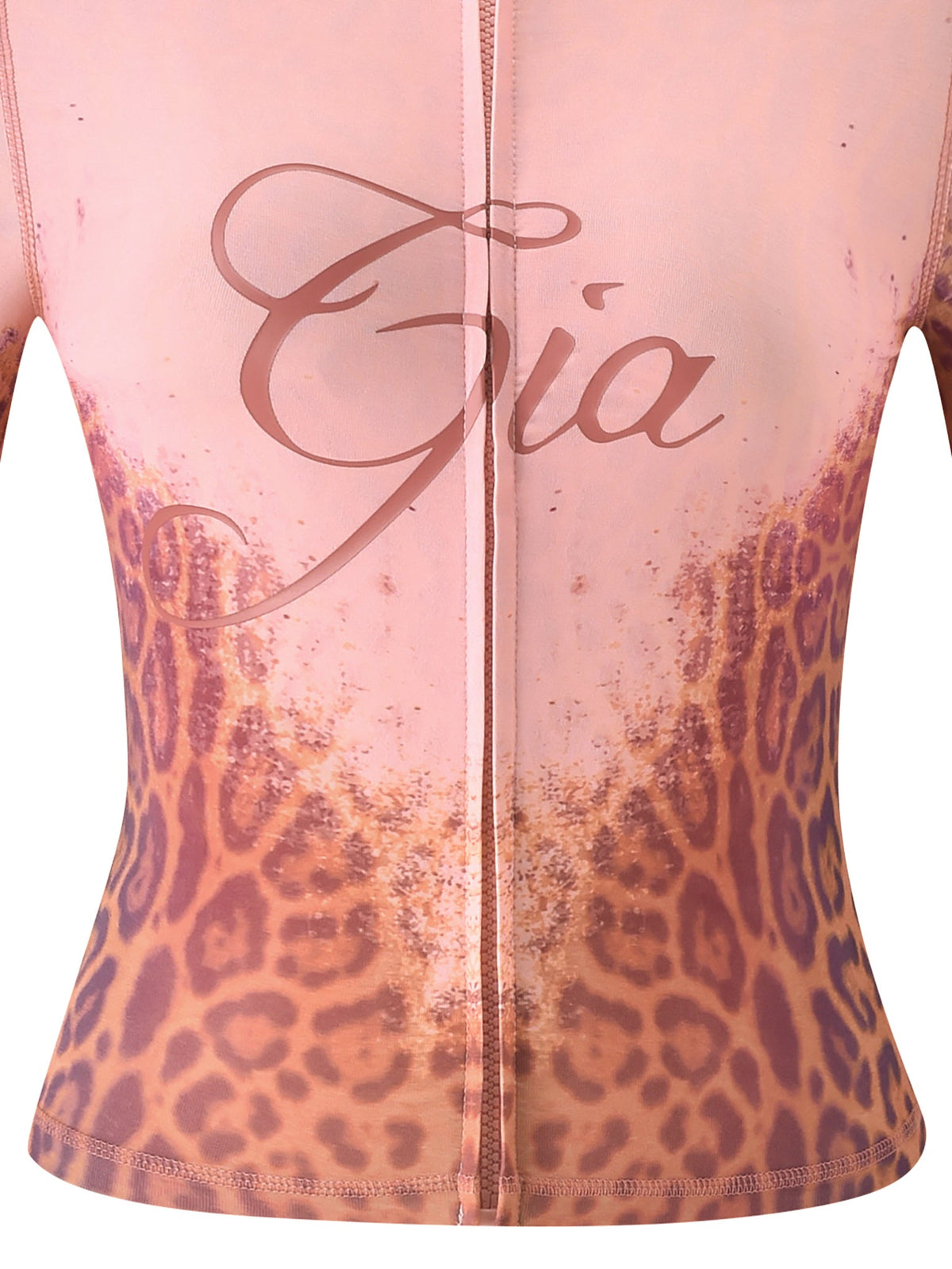 A close-up of the I.AM.GIA BLARE HOODIE in Pink Faded Panthera, featuring “Gia” in cursive across the chest and a striking brown leopard print on the lower half, capturing the brand’s signature bold style.