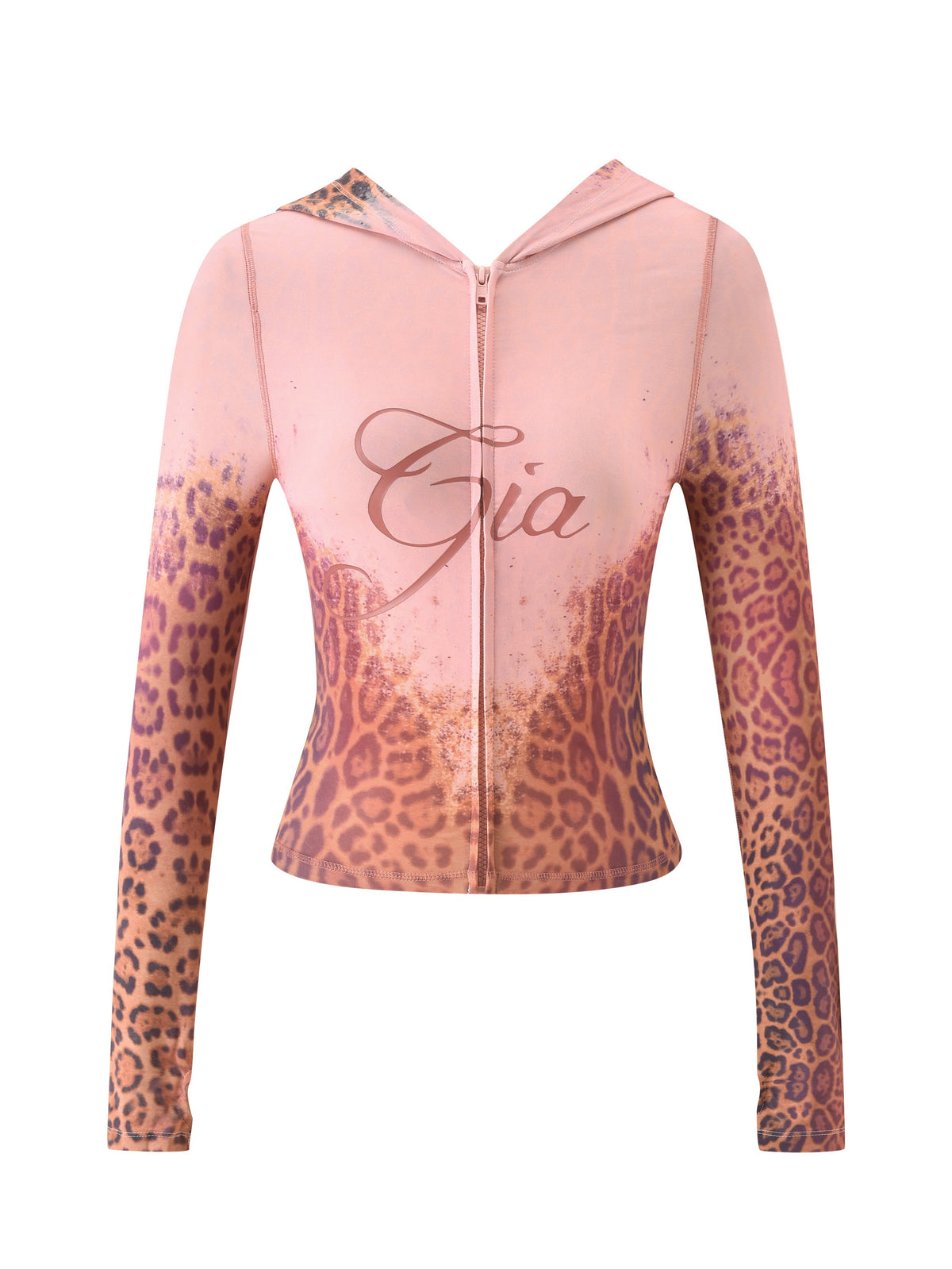 The BLARE HOODIE in Pink Faded Panthera by I.AM.GIA features a striking leopard print on the sleeves and lower body, accented by “Gia” in cursive across the chest—a perfect blend of standout style and everyday comfort.