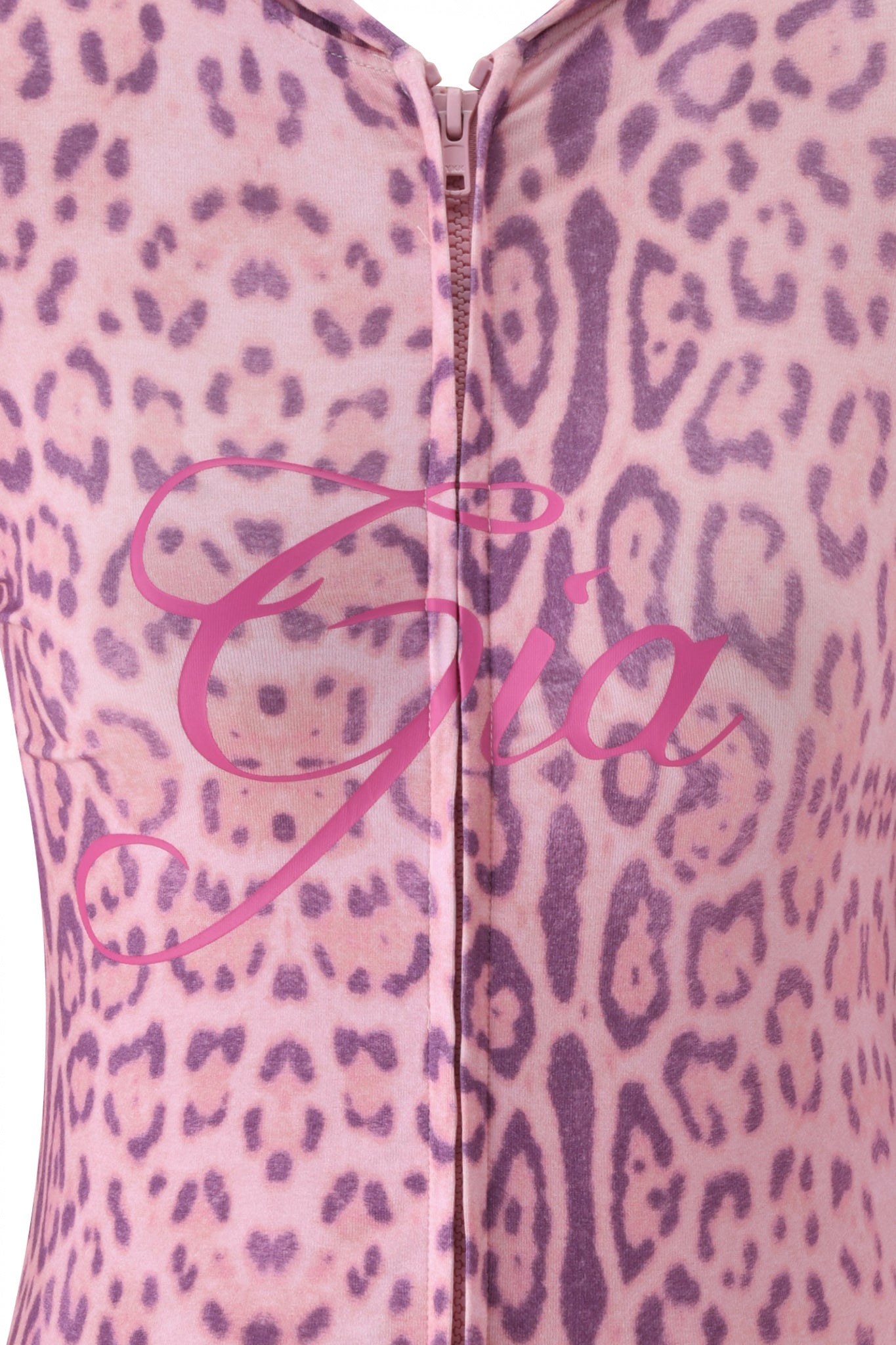 Close-up of the BLARE HOODIE - PINK PANTHERA by I.AM.GIA, featuring a bold Pink Panthera print fabric, central zipper, and "Gia" elegantly scripted across the material.