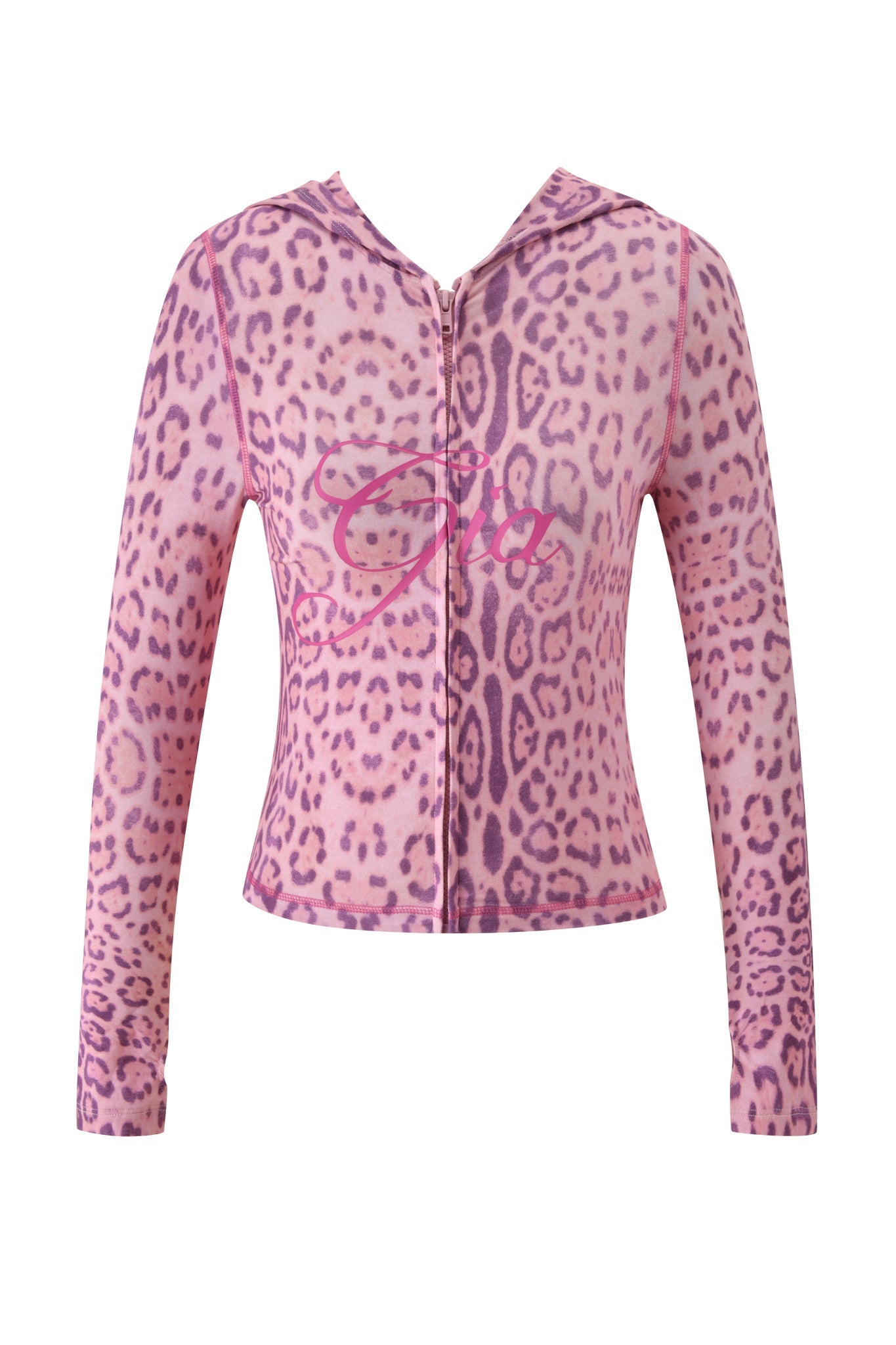 The BLARE HOODIE - PINK PANTHERA by I.AM.GIA is a comfortable zip-up long-sleeve featuring a Pink Panthera print and “Gia” in pink script across the chest, designed for standout style.