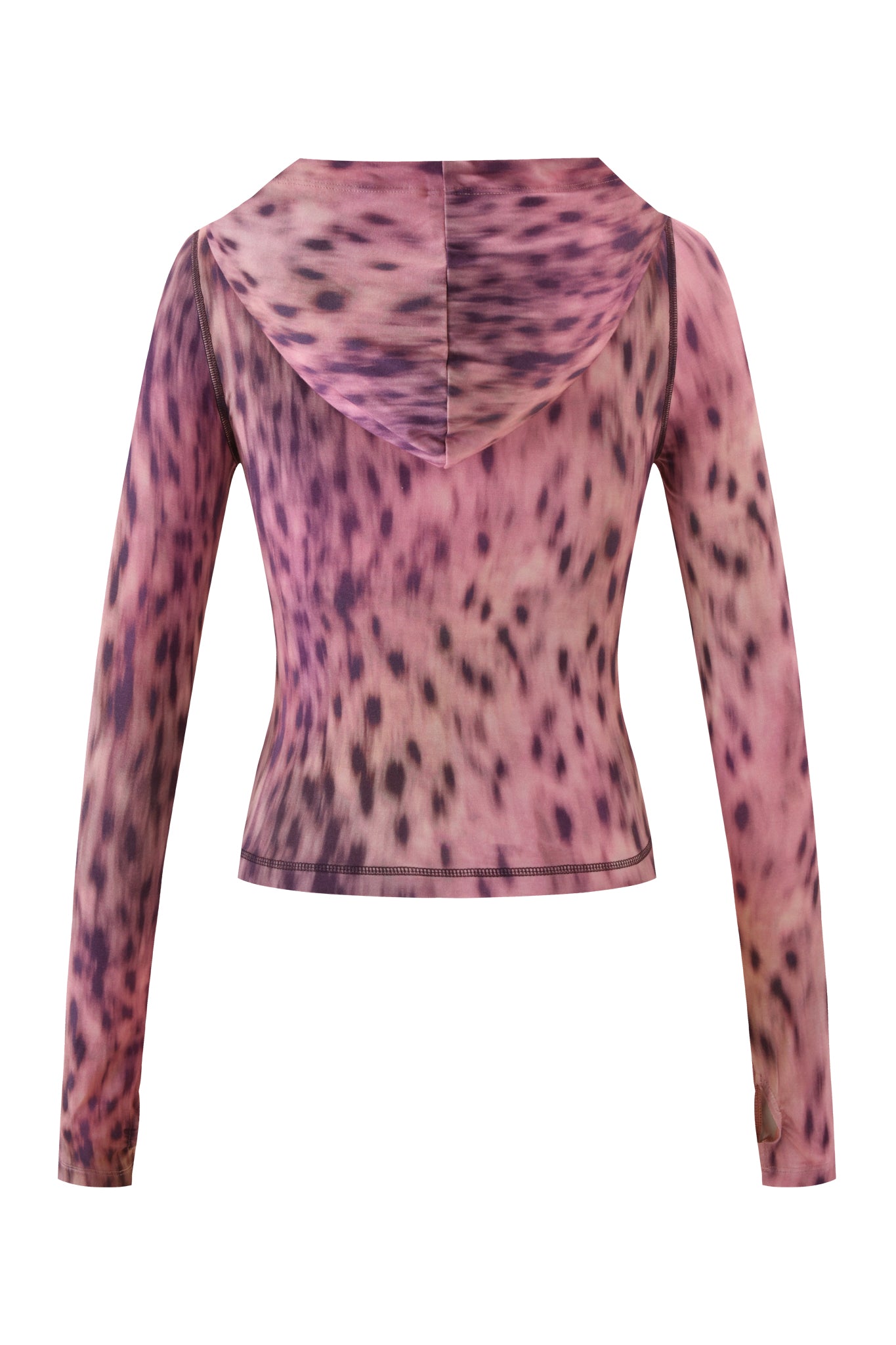 Back view of the I.AM.GIA BLARE HOODIE - PINK BLURRED CHEETAH, a long-sleeve bodycon hoodie with hood up, featuring a vibrant pink blurred cheetah print and dark spots for a bold, stylish effect.