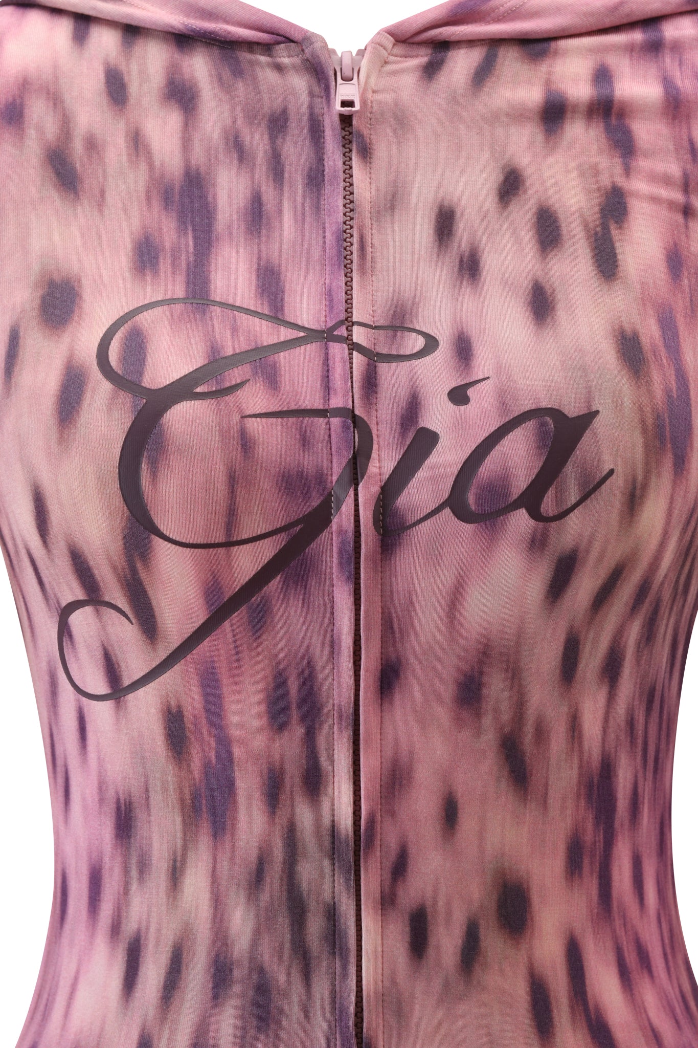 Close-up of the BLARE HOODIE - PINK BLURRED CHEETAH by I.AM.GIA, featuring a pink cheetah print fabric with a center zipper and "Gia" in elegant script across the front—perfect for a chic look.