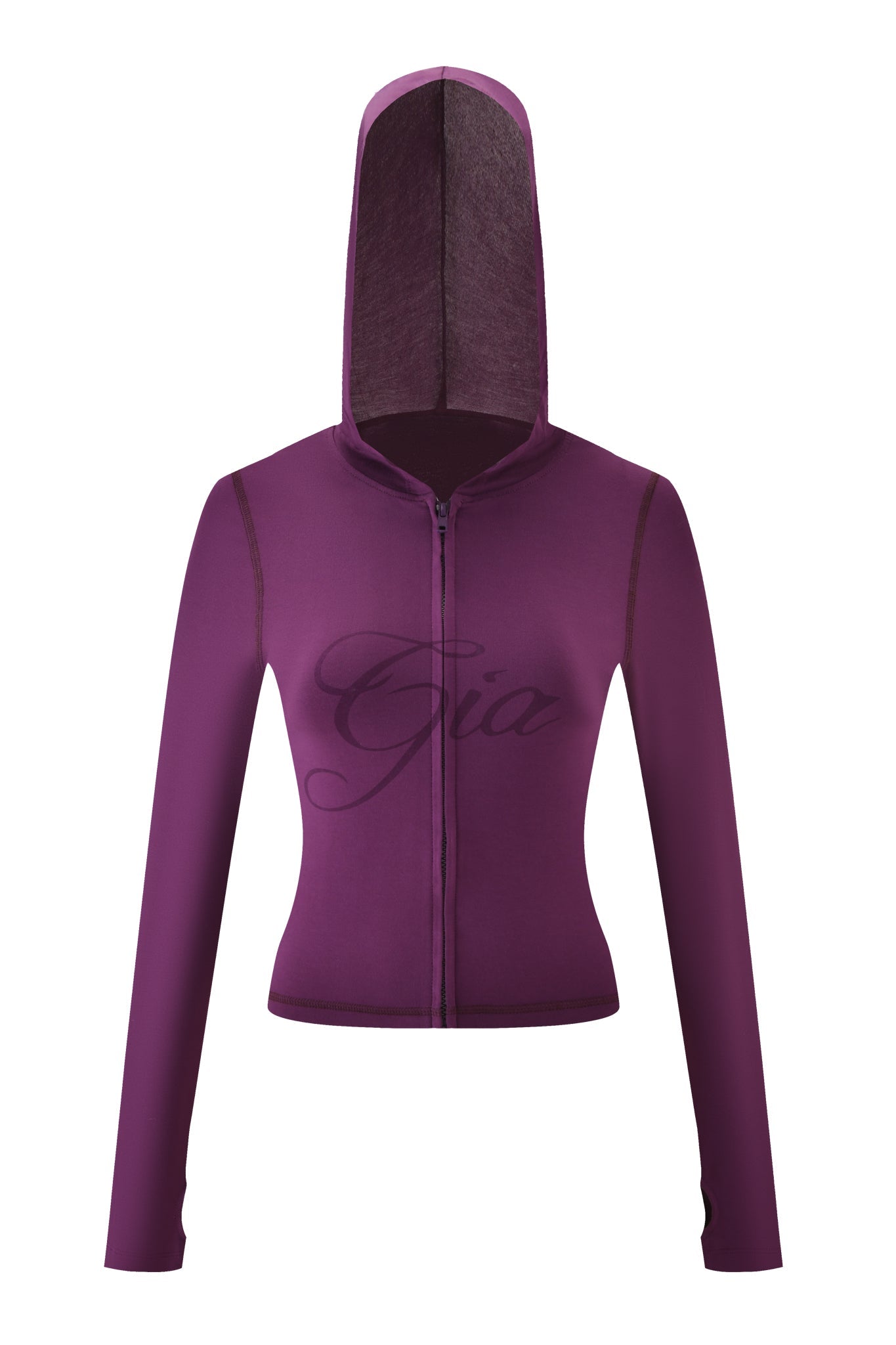 The I.AM.GIA BLARE HOODIE - PLUM is a zip-up, long-sleeve hoodie in purple with "Gia" script on the chest. Hood up, plain white background.