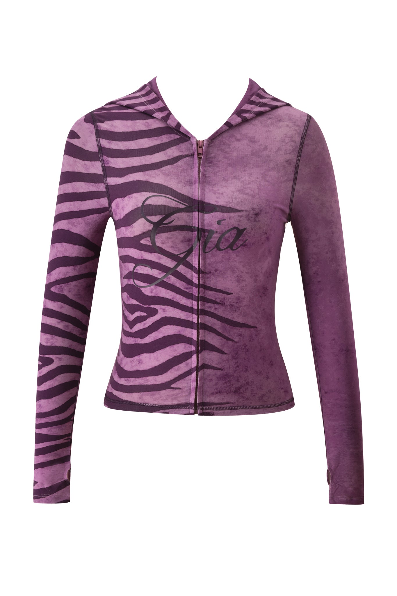 The BLARE HOODIE - PLUM WILD SIDE by I.AM.GIA features a purple zebra print, subtle tie-dye effect, long sleeves, fitted waist, front "Gia" script in black, and a stylish hood at the back.