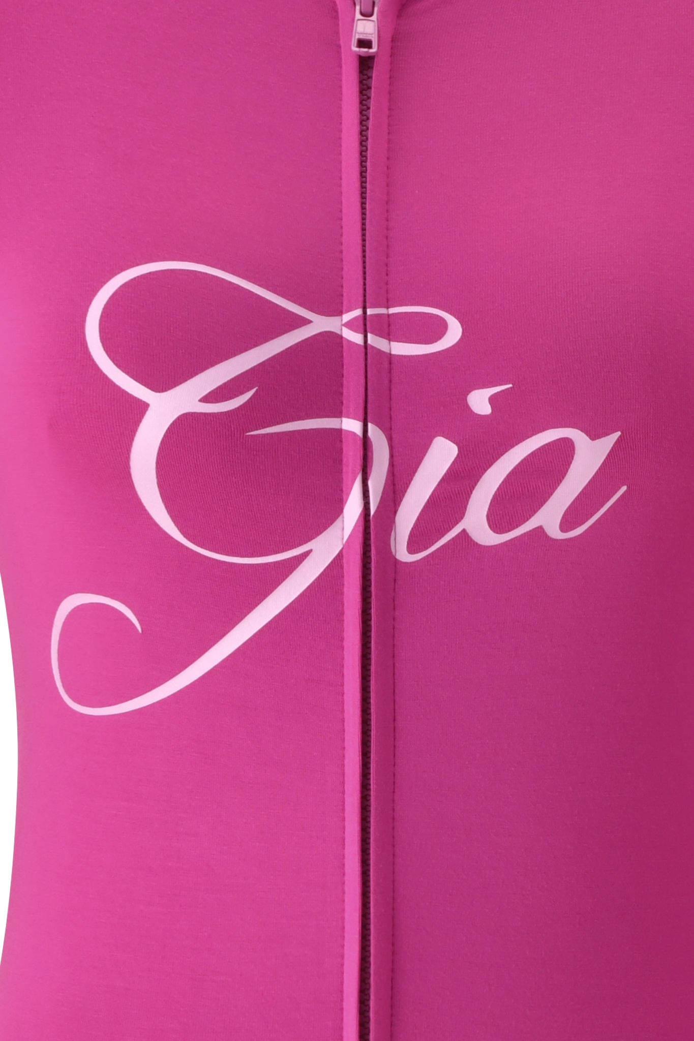Close-up of the I.AM.GIA BLARE HOODIE in Raspberry featuring a center zipper and "Gia" in bold white script across the chest.