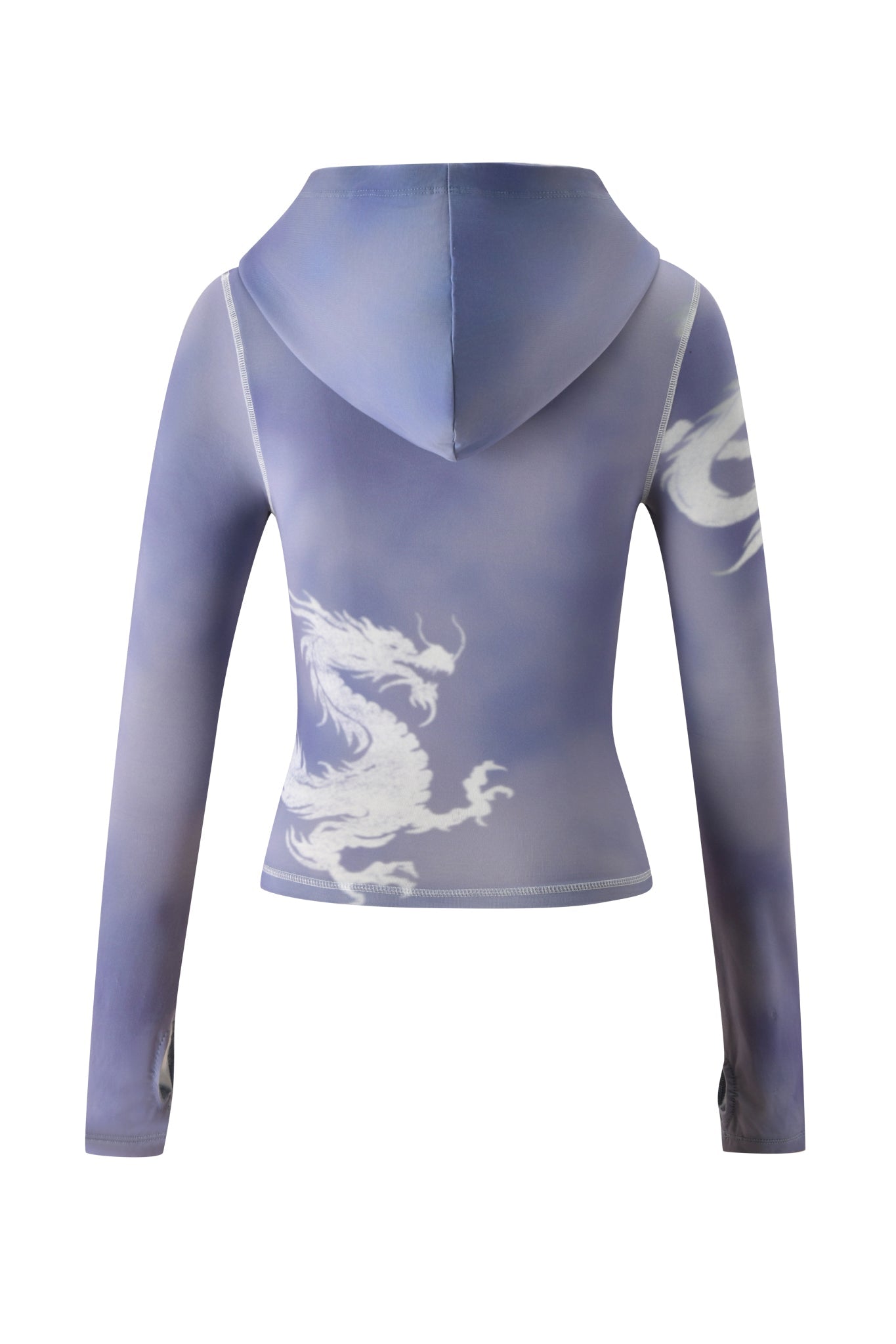 A fitted, long-sleeve BLARE HOODIE - STEEL BLUE DRAGON by I.AM.GIA, featuring smooth and stretchy material with thumb holes at the cuffs and white dragon designs on the back and sleeve.
