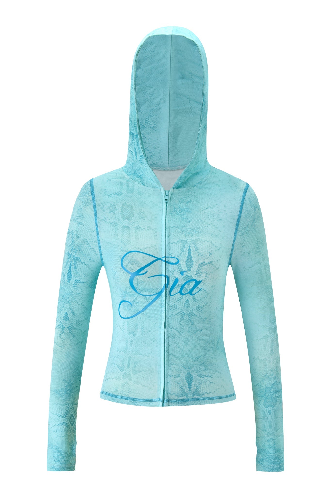 The BLARE HOODIE - TEAL SERPENTINE by I.AM.GIA is a light blue, zip-up jacket featuring long sleeves, a fitted style, a subtle teal serpentine pattern, and "Gia" elegantly scripted across the chest.