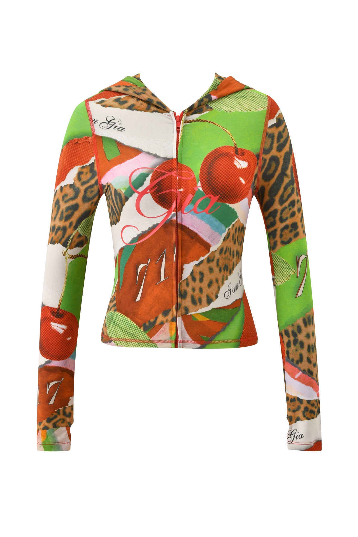 The BLARE HOODIE - WILD CHERRY by I.AM.GIA features a vibrant mix of leopard print, bold green, red, and orange shapes, long sleeves, a zip-up front, and “Gia” printed on the fabric.