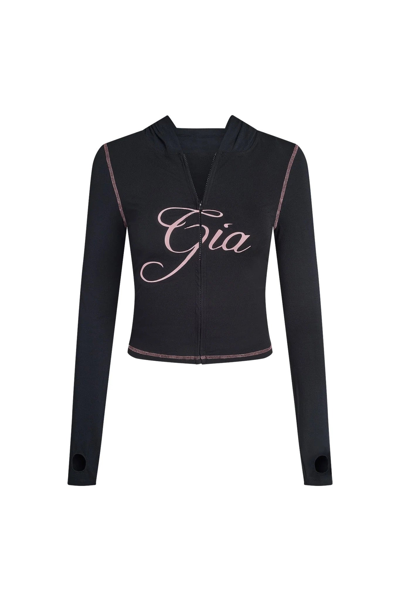The BLARE HOODIE - BLACK by I.AM.GIA is a fitted, long-sleeve hoodie with pink stitching, thumbholes near the cuffs, and "Gia" in bold pink cursive across the chest for stylish comfort.