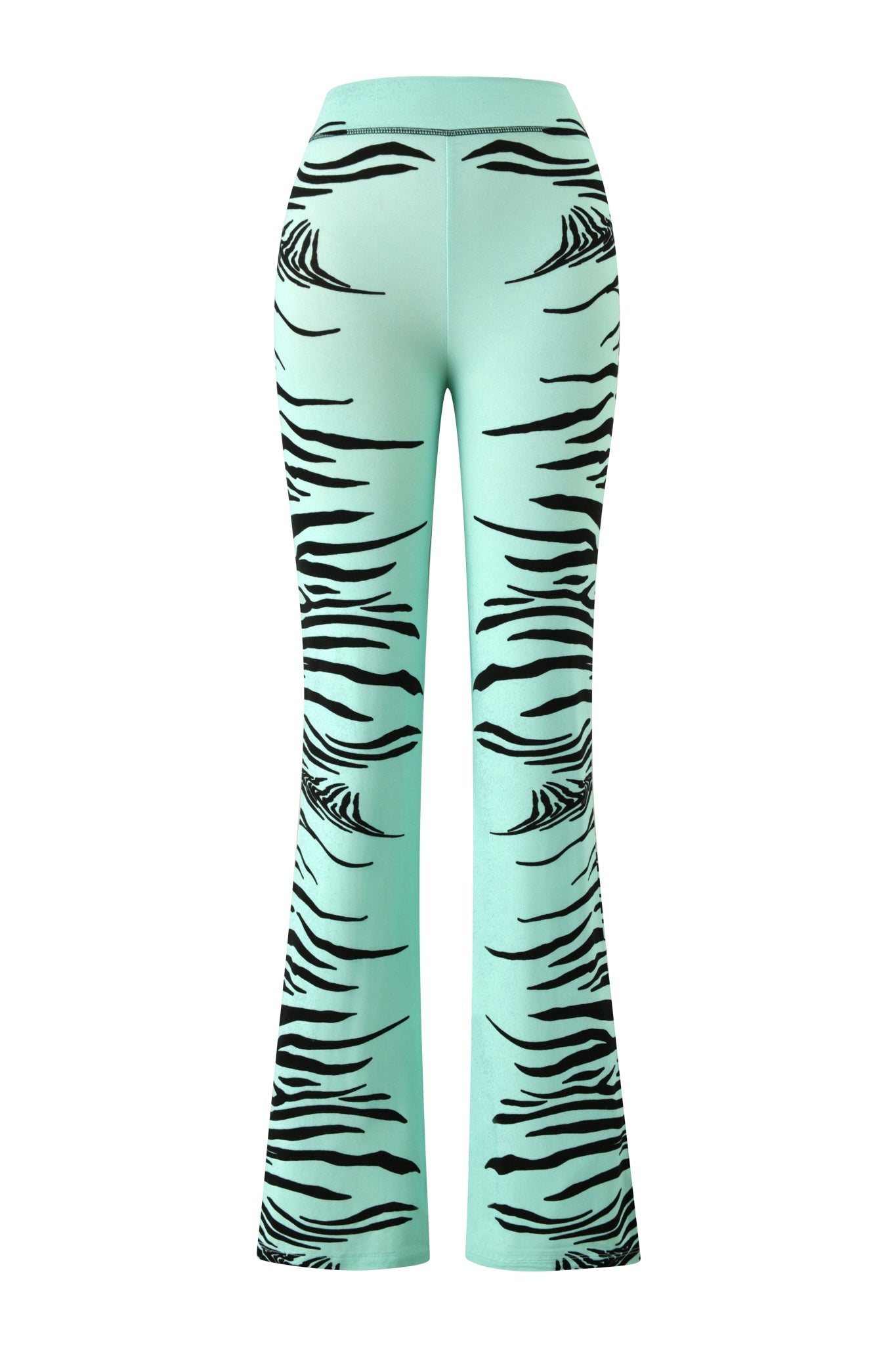 The BLARE TRACKPANT - AQUA FINE LINE ZEBRA by I.AM.GIA is shown from the back against a white background, featuring flared legs in aqua blue with a striking fine line black zebra print.