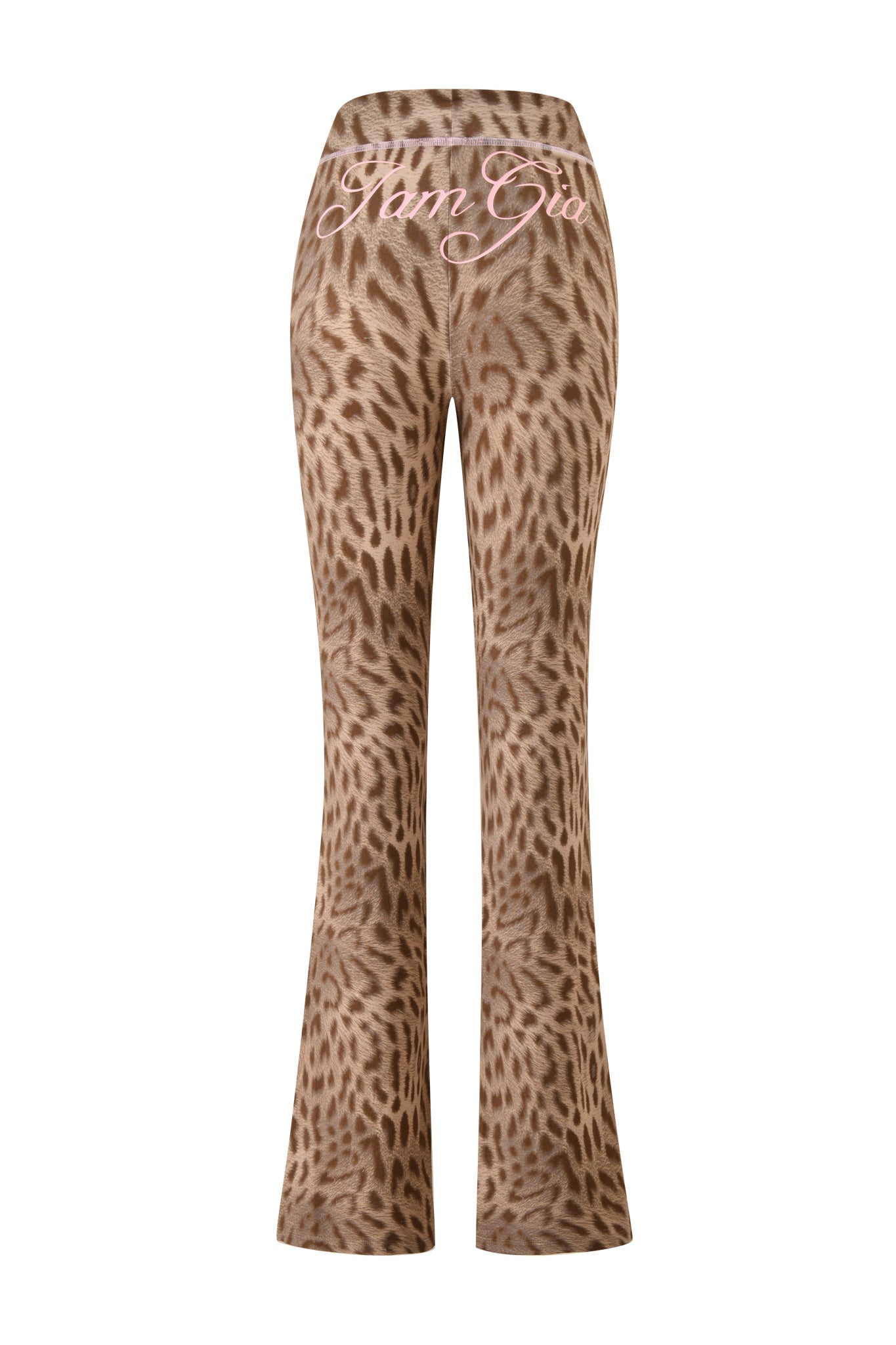 The BLARE TRACKPANT - BLAZE CHEETAH by I.AM.GIA features a high-waisted, flared fit in a brown and beige cheetah print with "I.AM.GIA" in white cursive on the waistband.