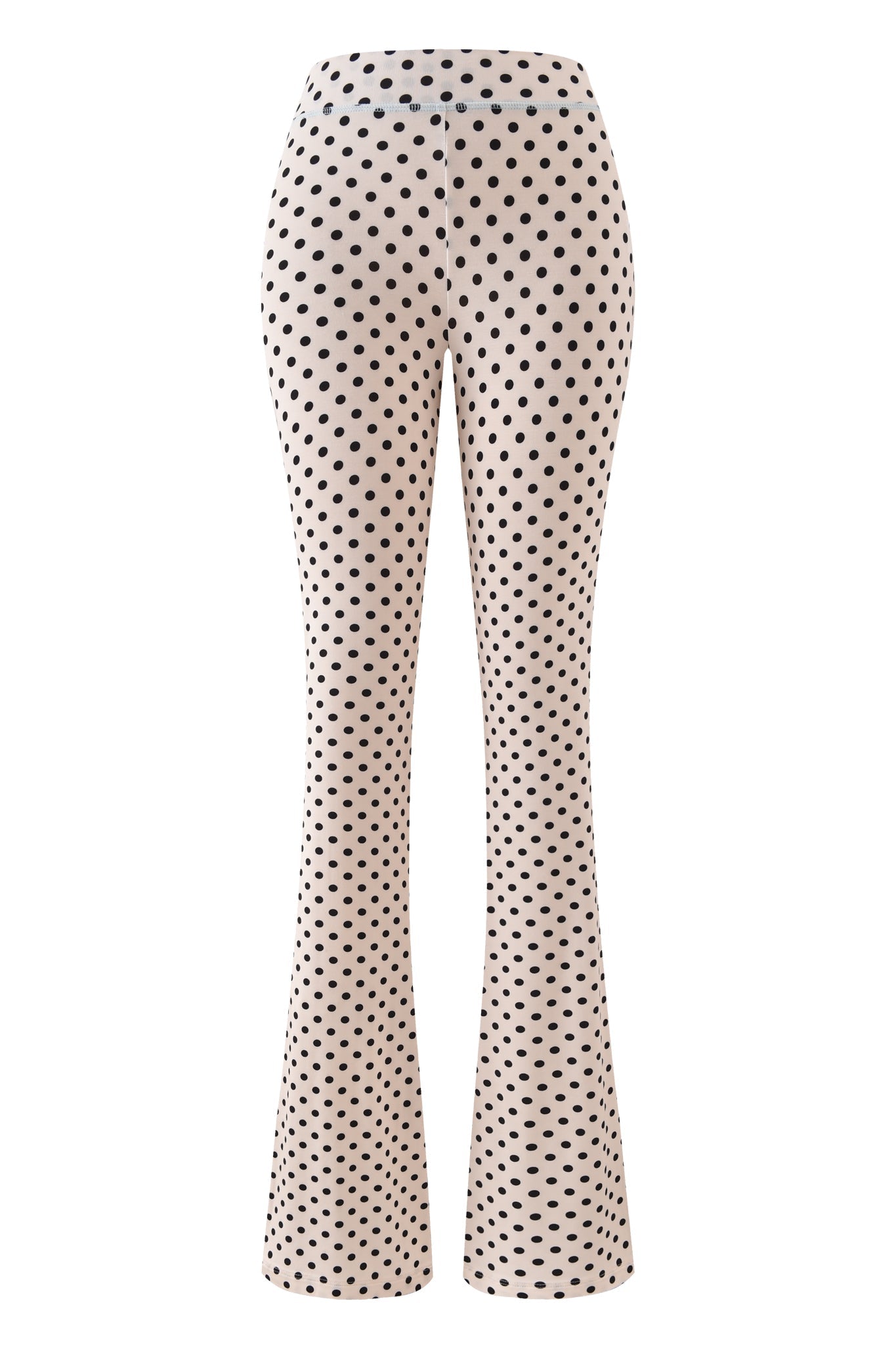The BLARE TRACKPANT - CREAM POLKA DOT by I.AM.GIA features a high waist, black polka dot print, and chic flared leg, shown on a white background.