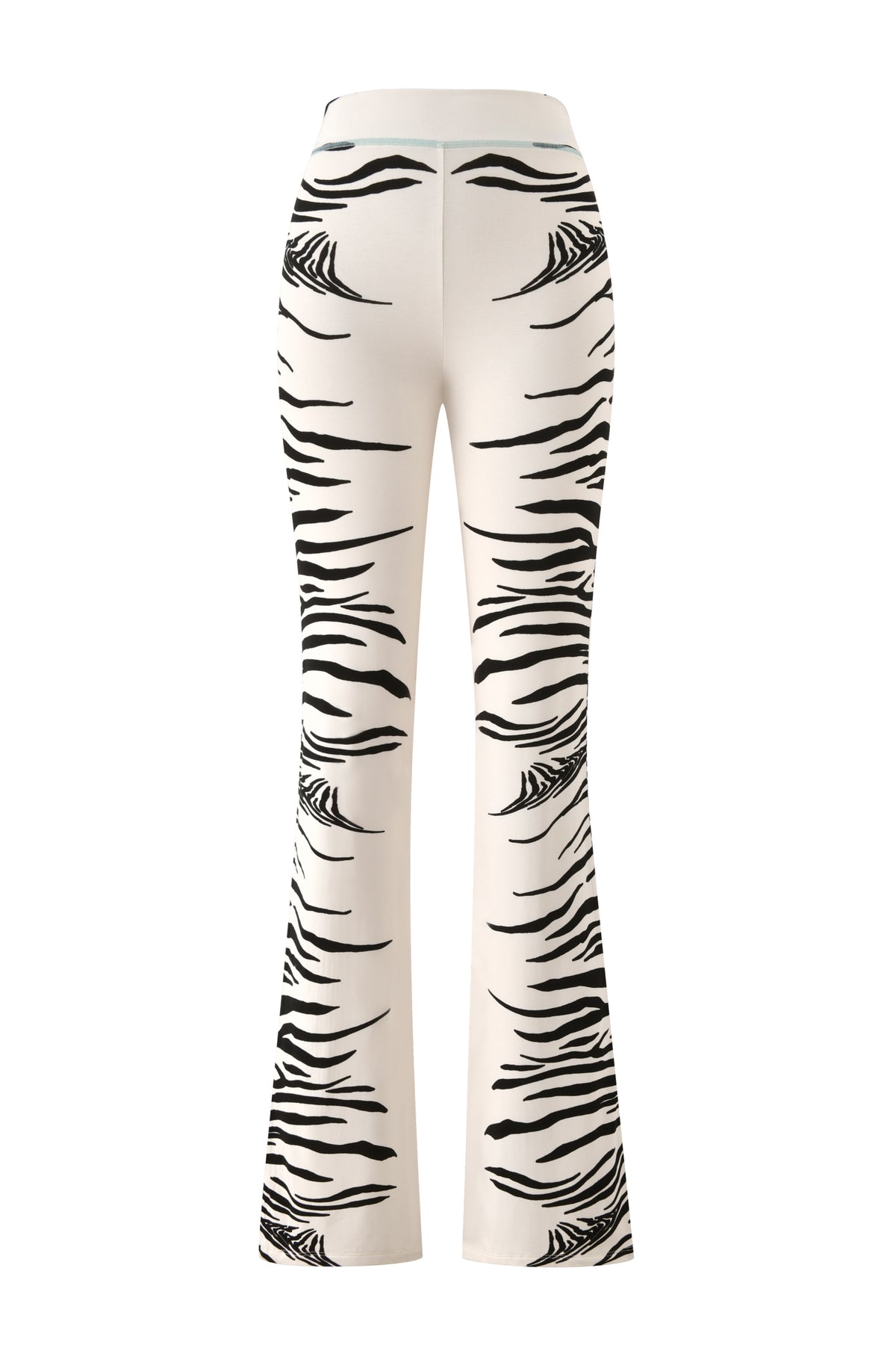 Back view of the BLARE TRACKPANT - FINE LINE ZEBRA by I.AM.GIA, featuring a high-waisted fit and flared legs with vertical fine line zebra stripes along the sides and hem for a bold, stylish edge.