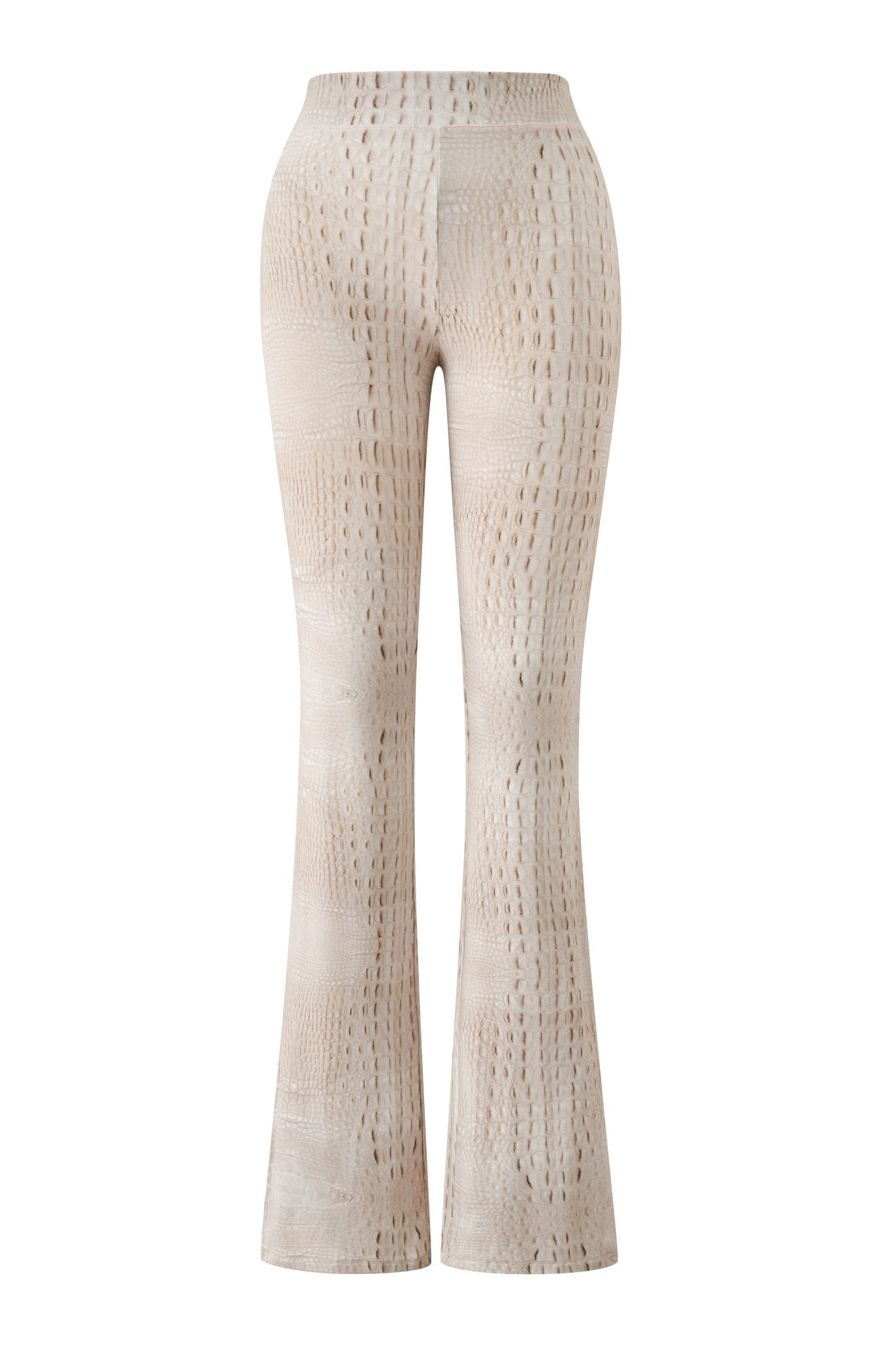 High-waisted BLARE TRACKPANT - HOT CROC flared pants by I.AM.GIA in beige, featuring a textured croc-embossed print reminiscent of snakeskin, shown on a plain white background.