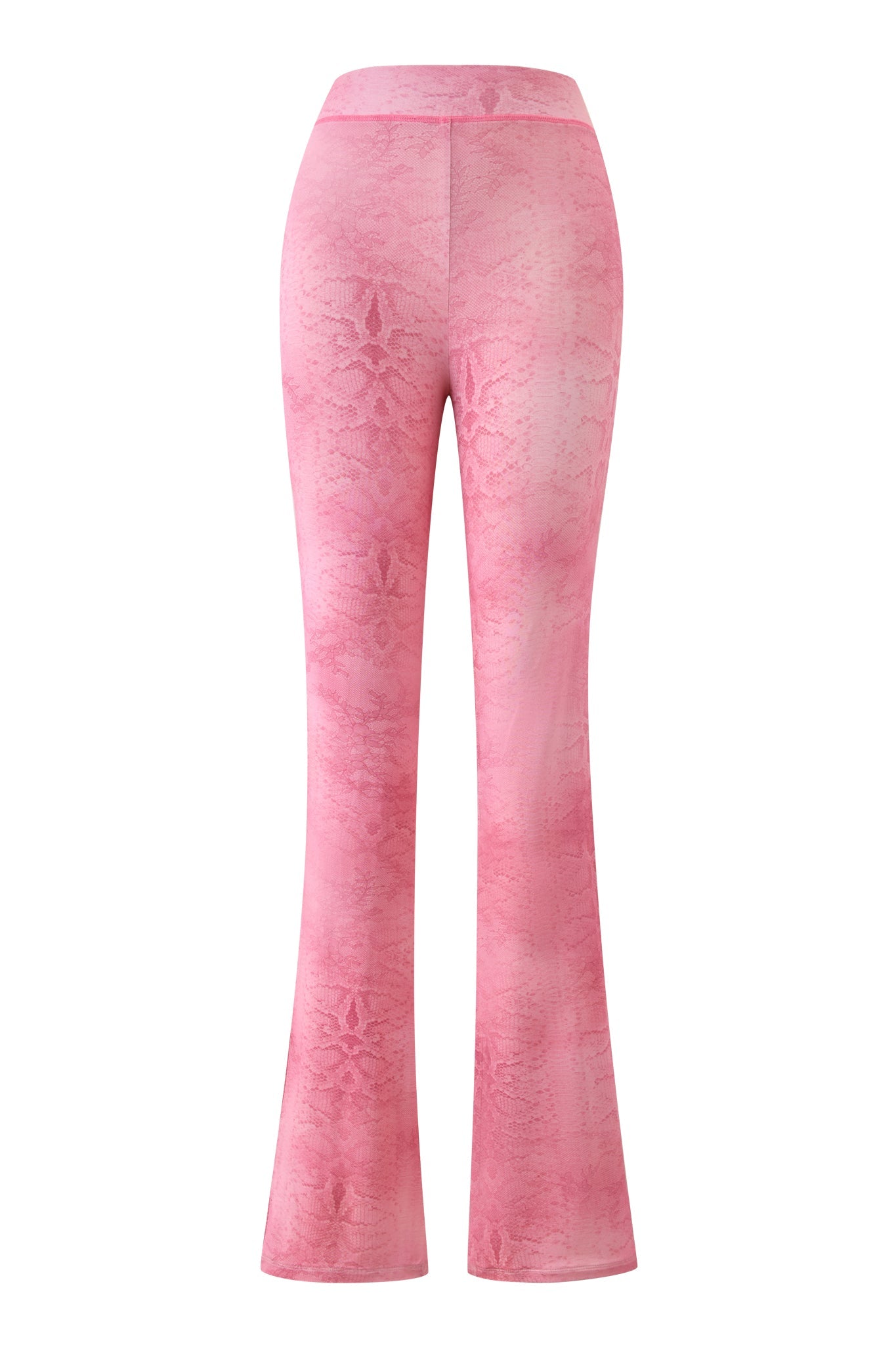 The I.AM.GIA BLARE TRACKPANT - LIGHT PINK SERPENTINE features a high waist, sheer flared leg, and subtle serpentine print, displayed from the back against a white background.