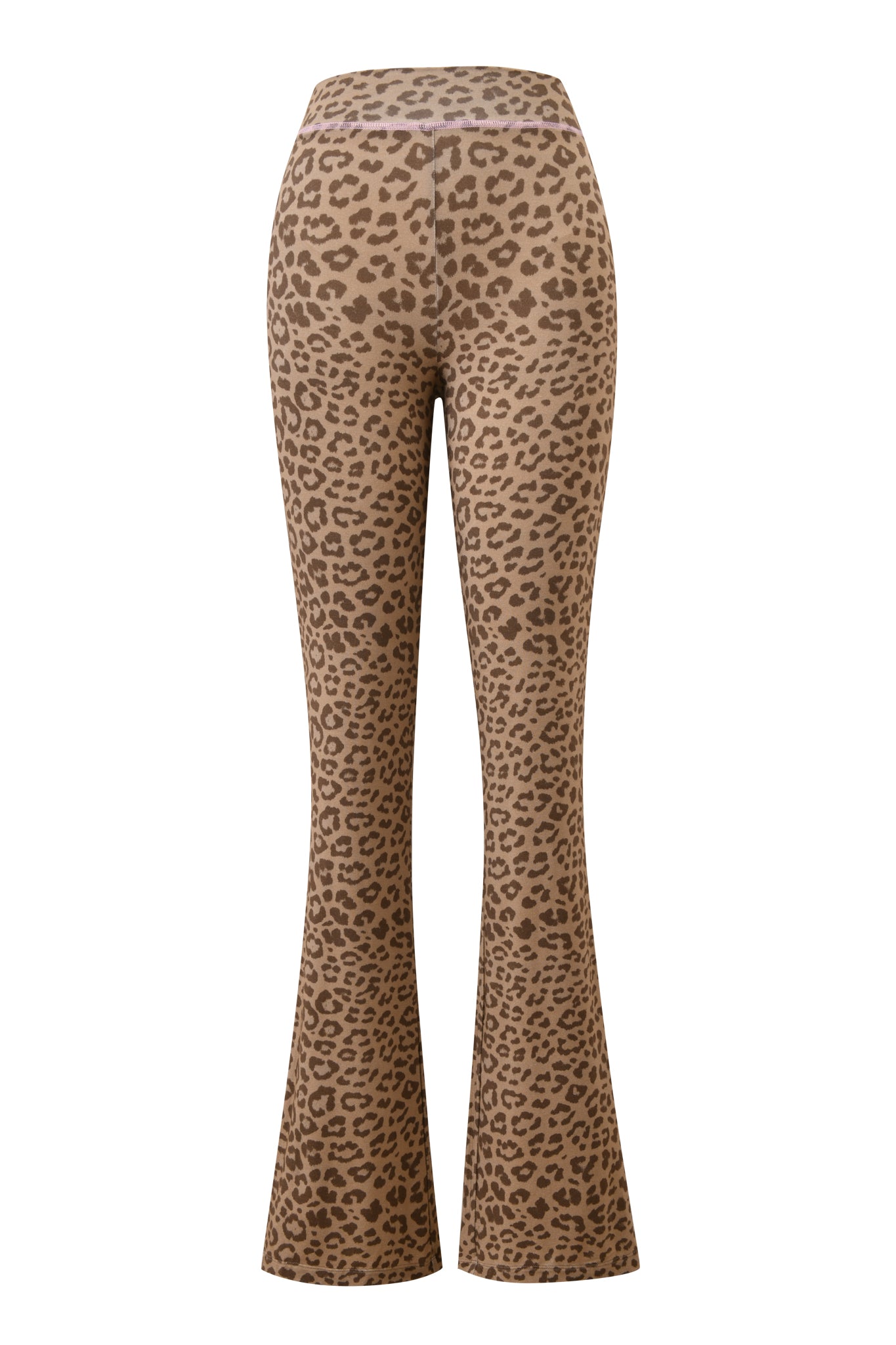 The BLARE TRACKPANT - MOCHA LEOPARD by I.AM.GIA features a high-waisted, flared silhouette with a brown and black leopard print, displayed from the back on a white background.