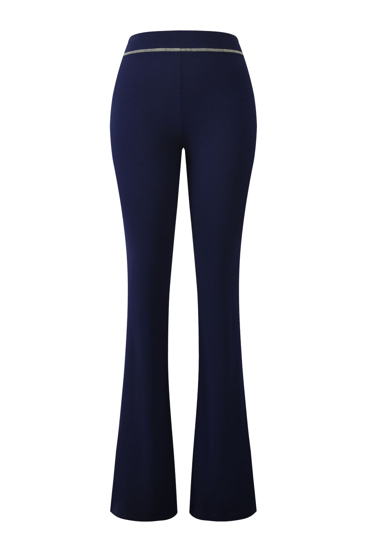 The BLARE TRACKPANT - NAVY by I.AM.GIA is crafted from soft bamboo fabric and features a high-waisted, fitted silhouette through the hips and thighs with a subtle flare at the lower leg, shown here from the back.
