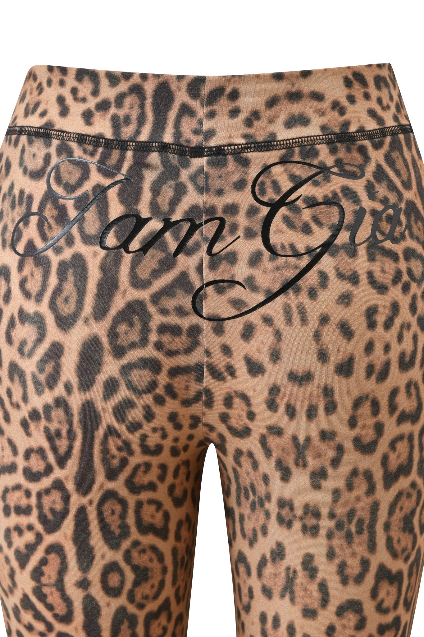 Close-up of BLARE TRACKPANT - PANTHERA by I.AM.GIA in cheetah print, featuring "I.AM.GIA" in elegant black script across the waistband and upper front area.