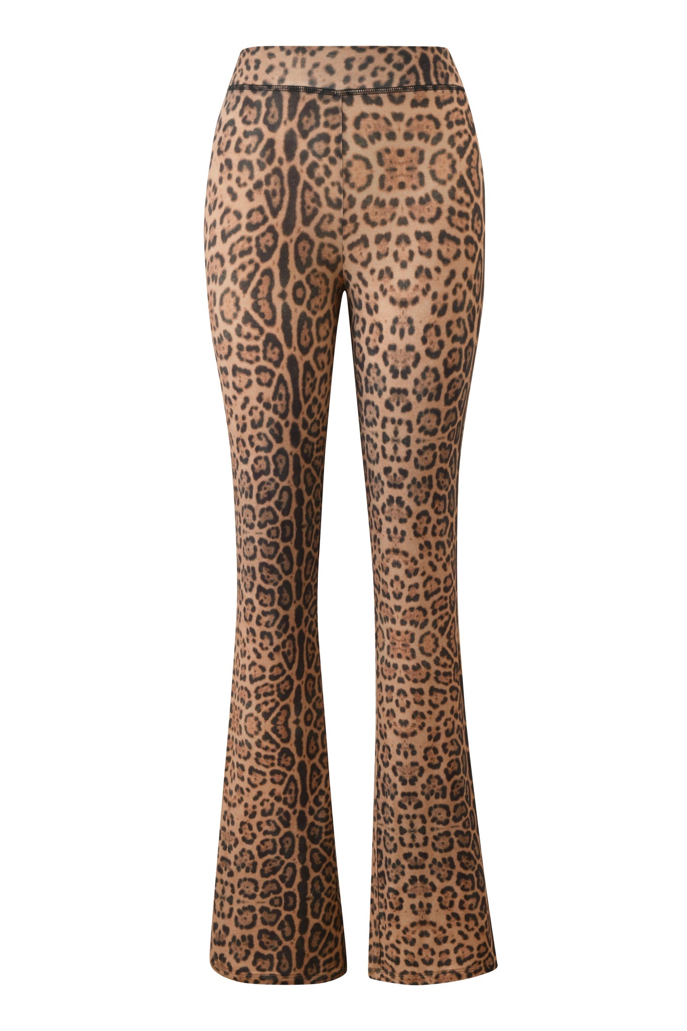 The BLARE TRACKPANT - PANTHERA by I.AM.GIA features a high-waisted, flared silhouette in a brown and black cheetah print, crafted from soft bamboo fabric and shown against a plain white background.