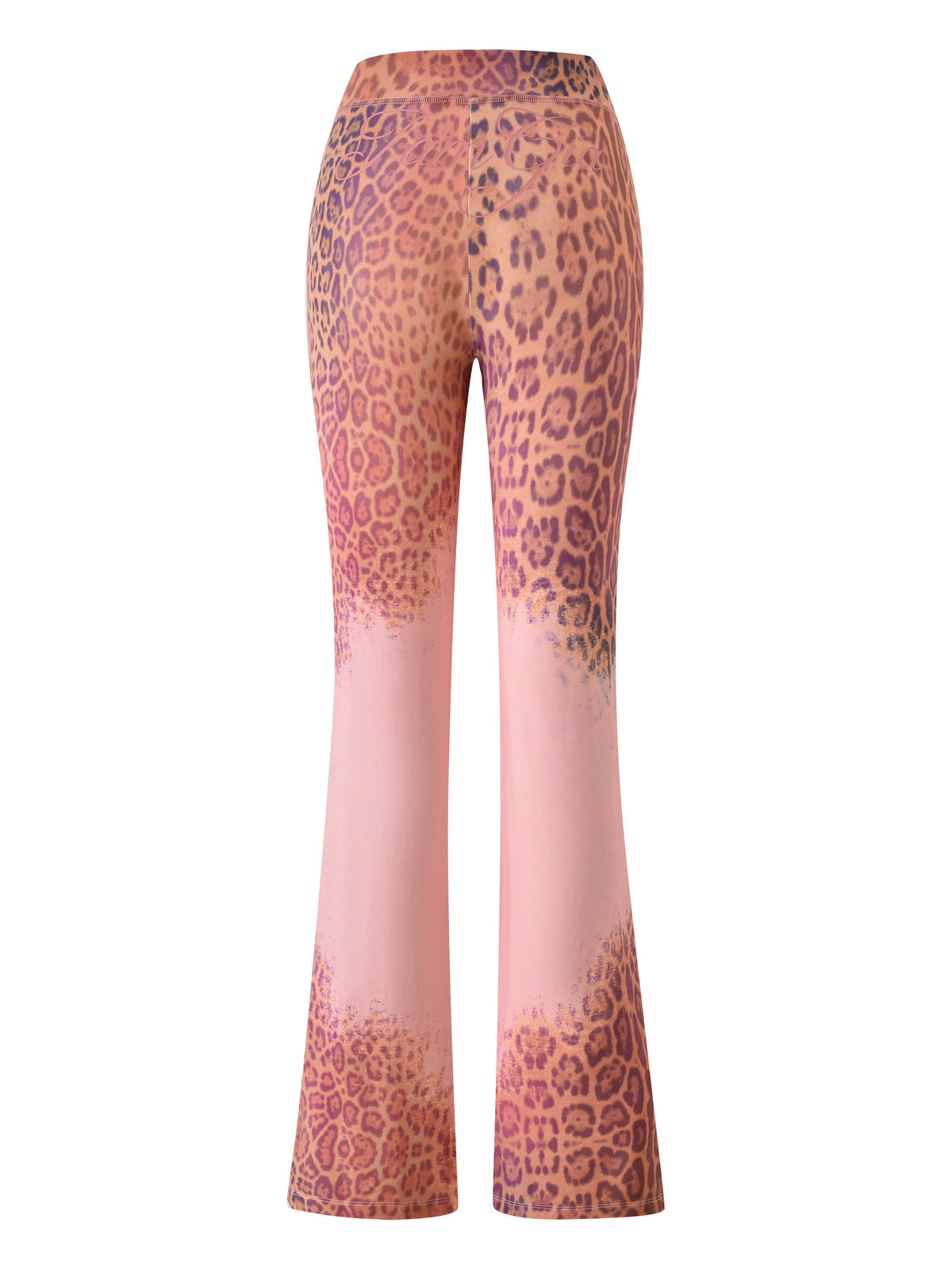 The BLARE TRACKPANT in Pink Faded Panthera by I.AM.GIA is shown from the back, featuring a fitted waist and wide-leg silhouette with a pink and peach panthera print.