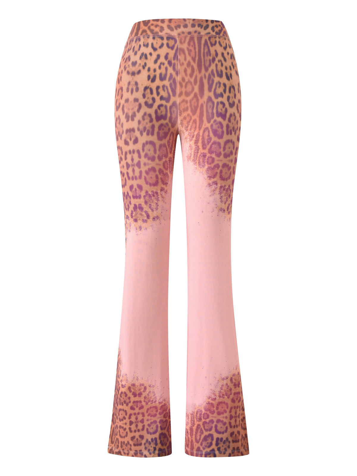 The BLARE TRACKPANT by I.AM.GIA features a high-waisted, flared silhouette with a pink base and bold panthera print on the top and bottom sections that fades toward the knees.