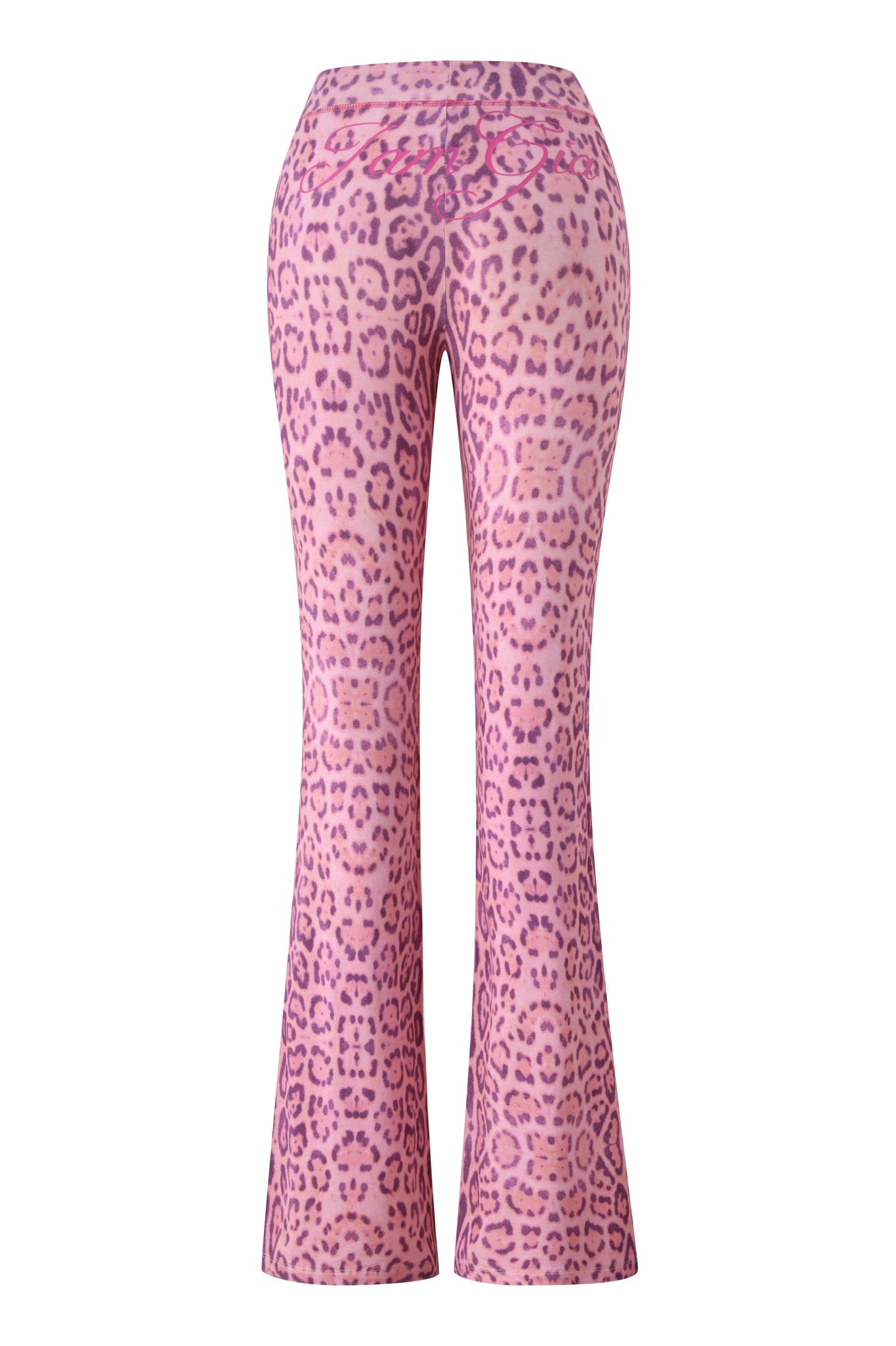 The I.AM.GIA BLARE TRACKPANT - PINK PANTHERA features a high waist, fitted hips, and flared legs, shown from the back in bold pink and purple leopard print.