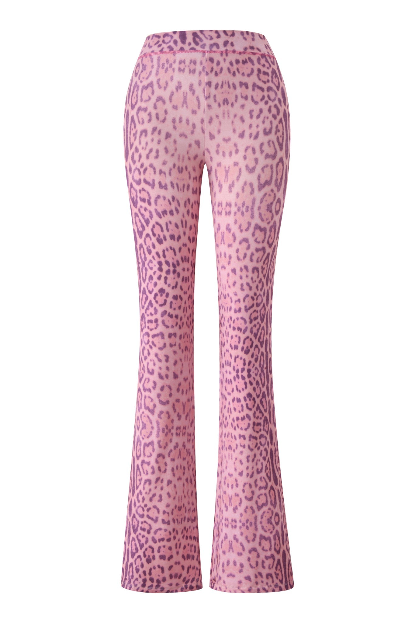 The BLARE TRACKPANT - PINK PANTHERA by I.AM.GIA showcases a flared leg, high-waisted fit, and purple leopard spots on white for a bold look.