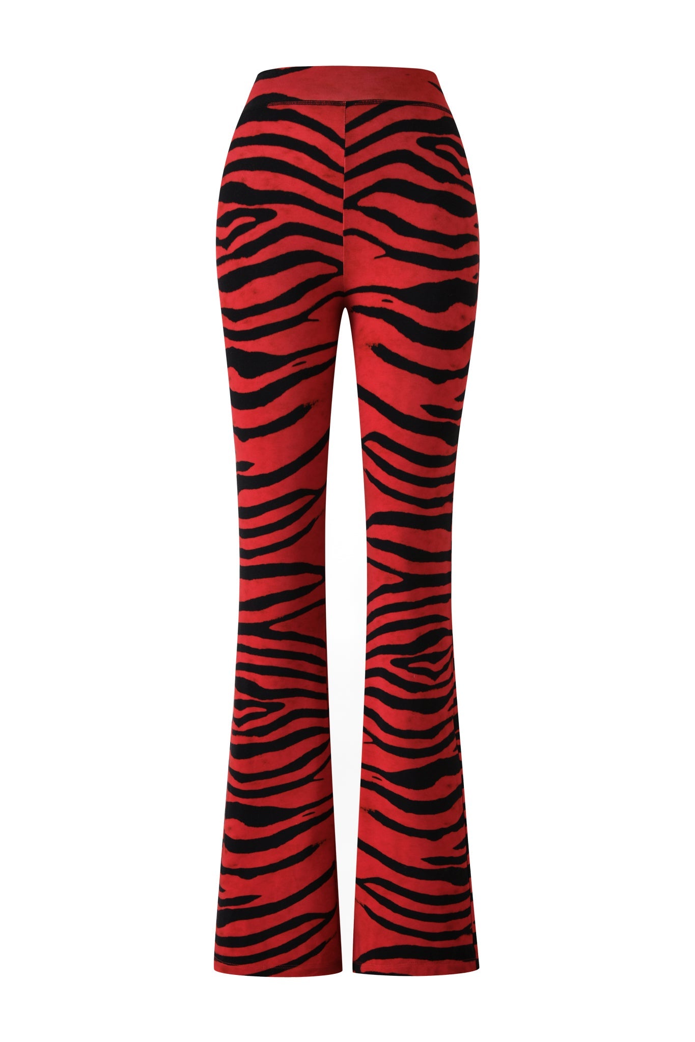 The BLARE TRACKPANT - RED WILD SIDE by I.AM.GIA is shown from the back, featuring a high waist and bold, vertical wavy stripes in a striking red and black zebra print.