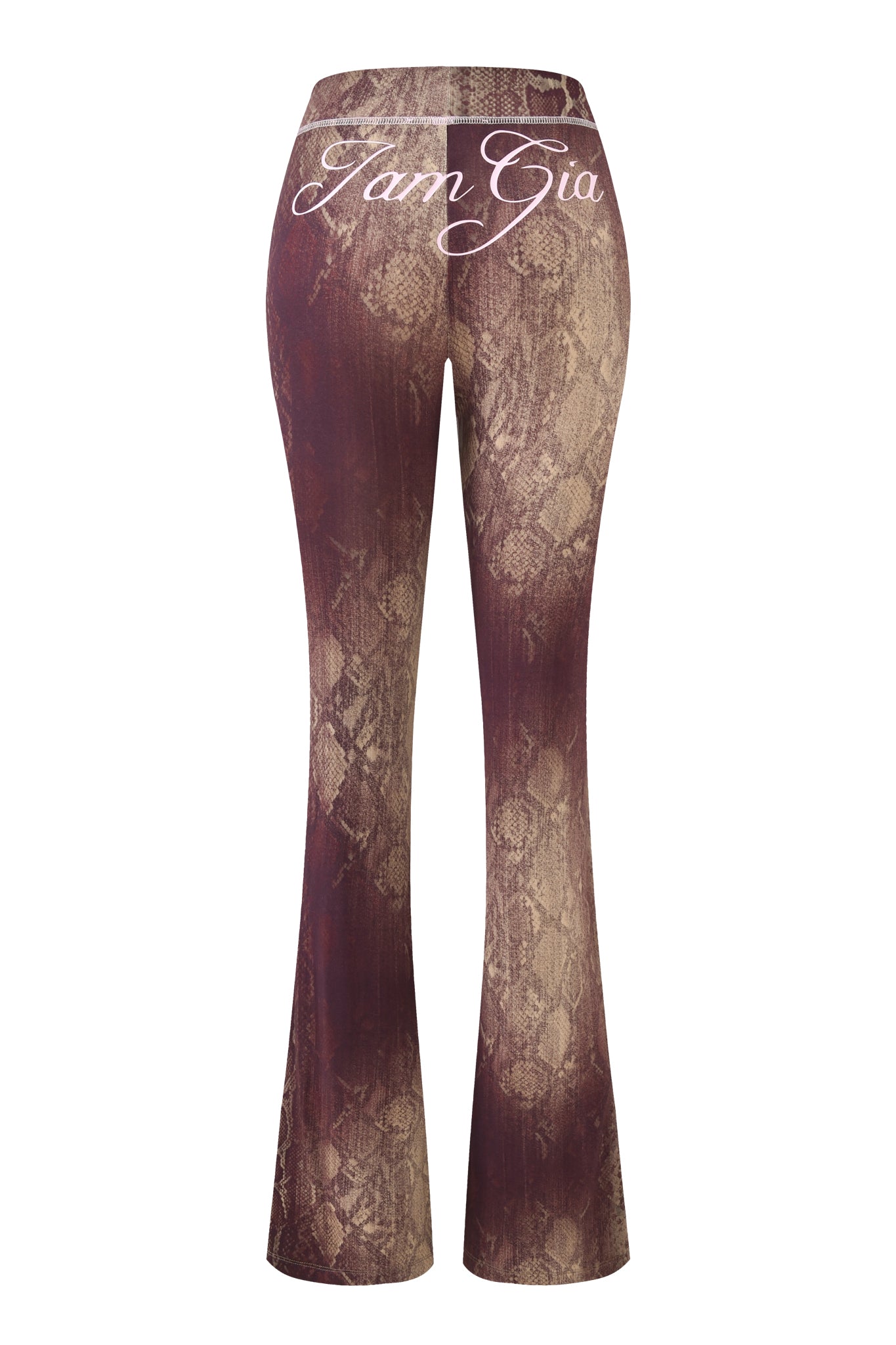 Back view of I.AM.GIA BLARE TRACKPANT - SNAKE, high-waisted brown snake print flared pants with "I.AM.GIA" in white script across the waistband.