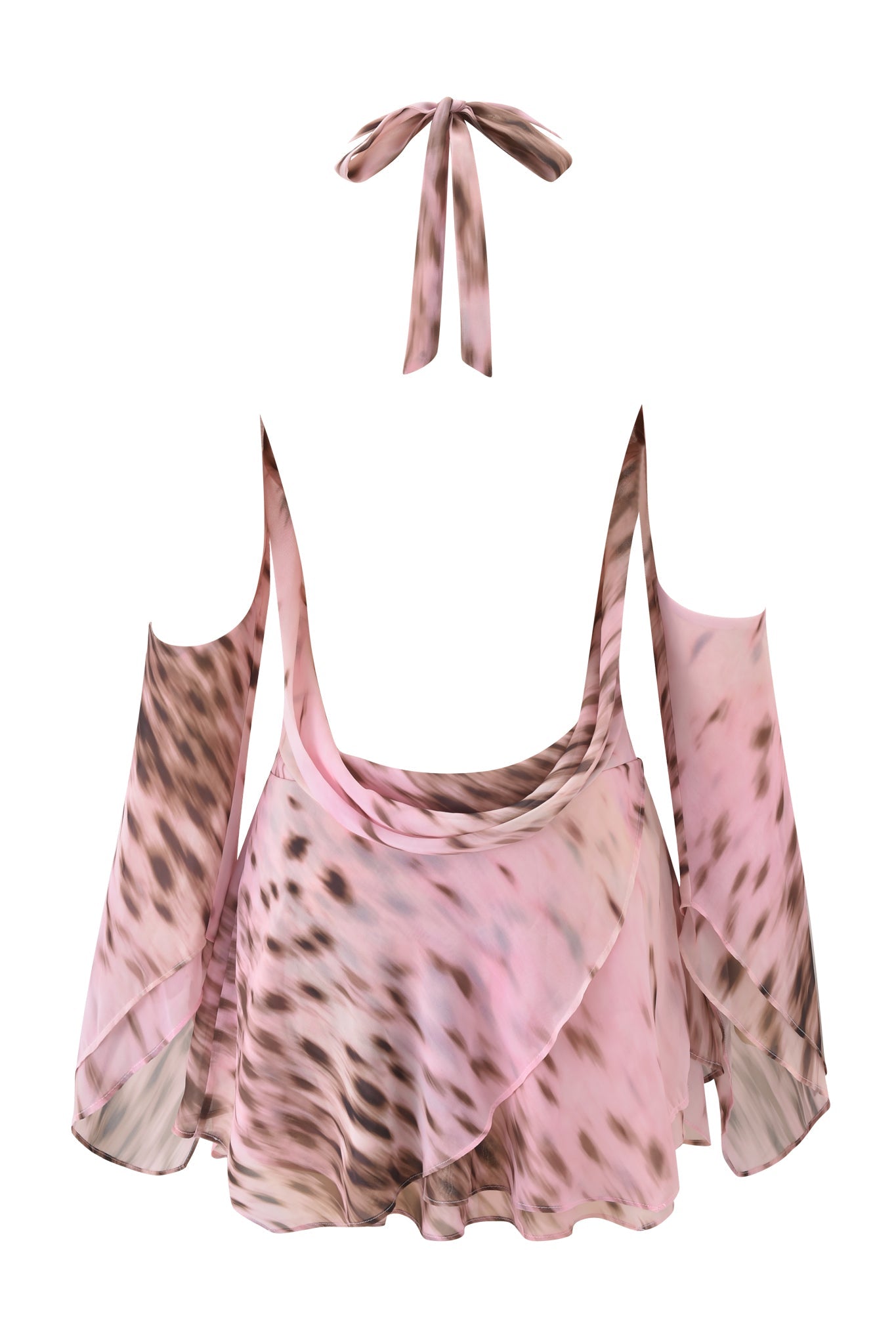 The ROSANNA COWL HALTER MINI DRESS - BLURRED CHEETAH by I.AM.GIA features a pink cheetah print, halter neck tie, cowl neckline, and a layered, ruffled mini dress design with a loose, draped fit.
