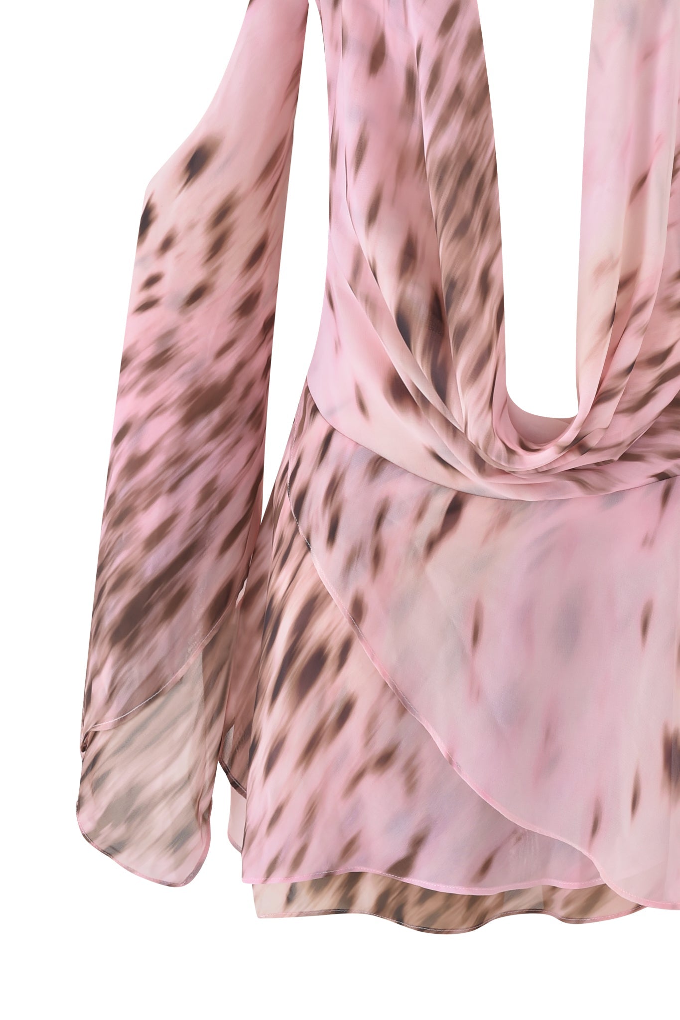 A close-up of the ROSANNA COWL HALTER MINI DRESS in Blurred Cheetah by I.AM.GIA, showcasing a sheer fabric with pink cheetah print and brown abstract spots, featuring a deep cowl neckline and bold, flowing silhouette.