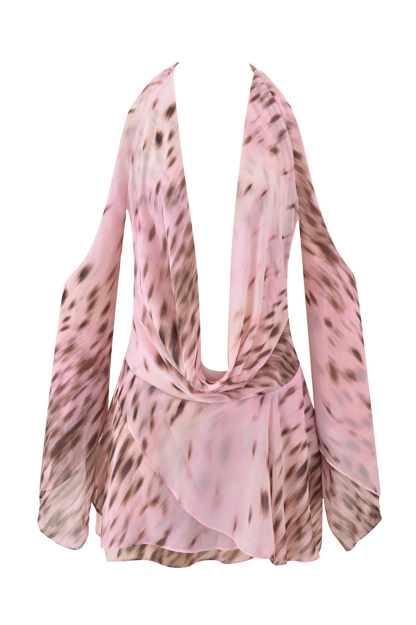 The I.AM.GIA ROSANNA COWL HALTER MINI DRESS in Blurred Cheetah features a draped cowl neckline and a flowy fit in a pink and brown abstract cheetah print for signature bold edge.