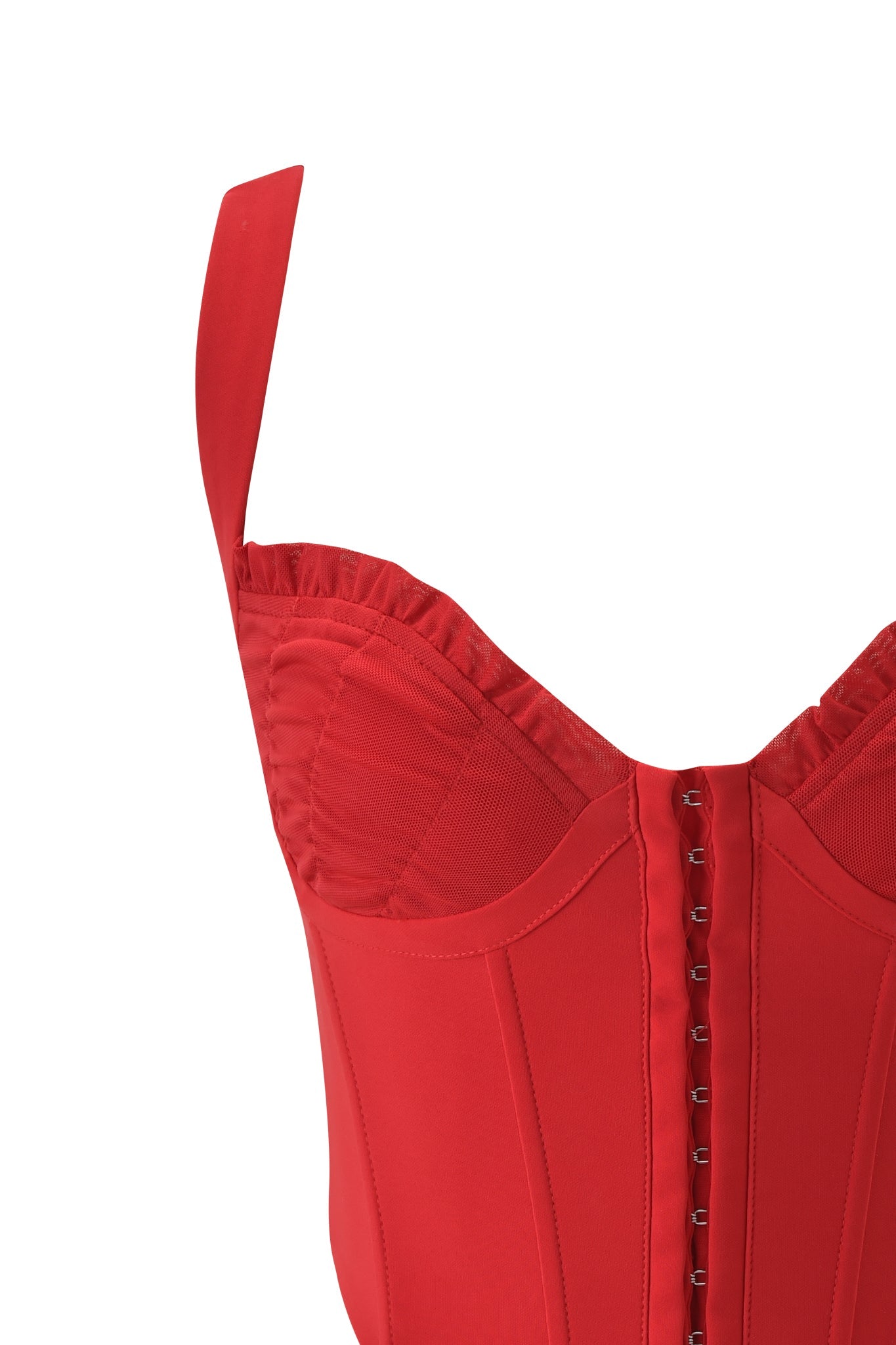 A close-up of the I.AM.GIA BRI CORSET - RICH RED, showcasing its structured cups, hook-and-eye front closures, and single shoulder strap, all set against a crisp white background.