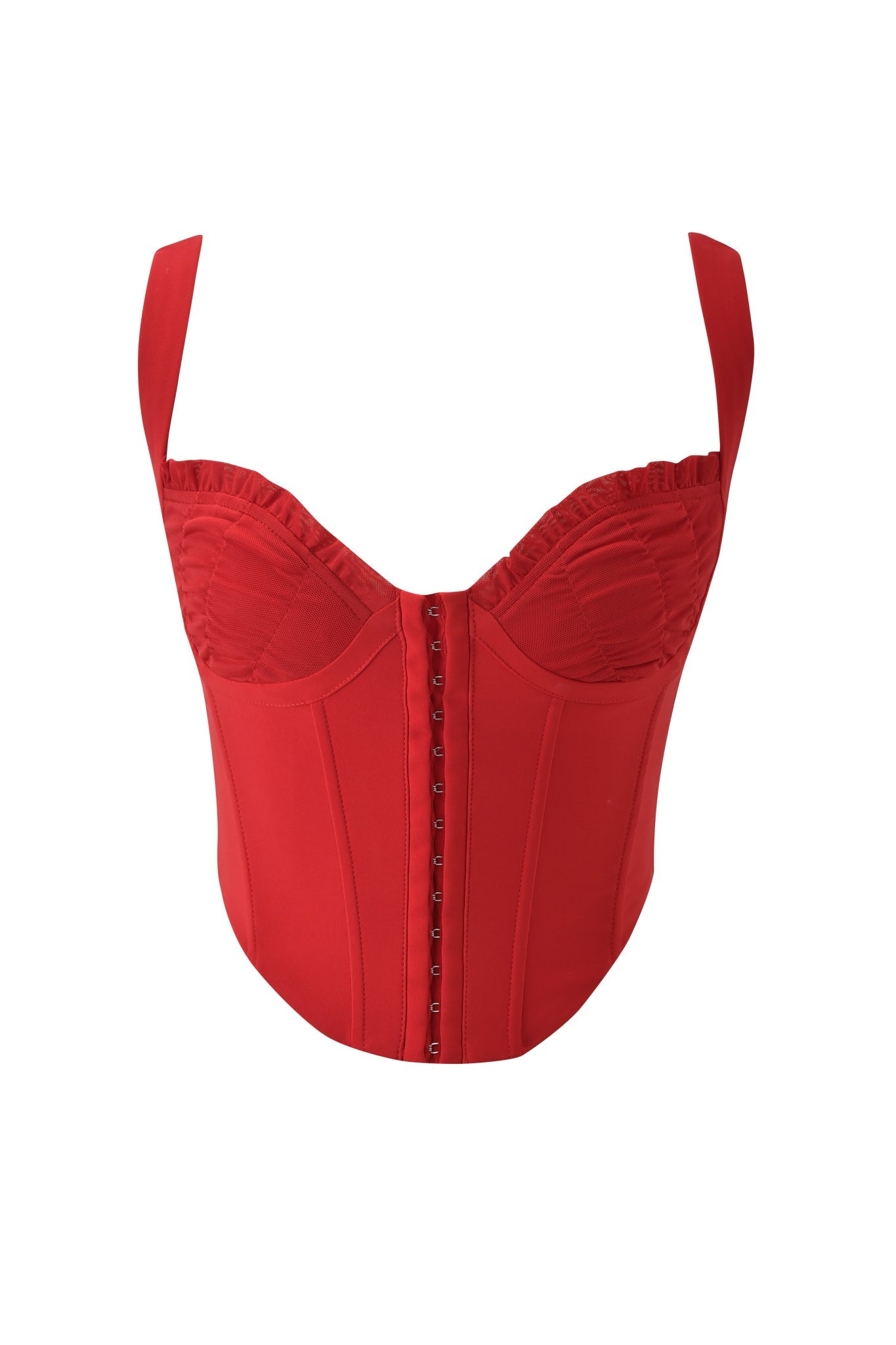 The BRI CORSET - RICH RED by I.AM.GIA features wide straps, structured cups, visible boning, and front hook-and-eye closures for a flattering bodycon silhouette. Shown on a white background.