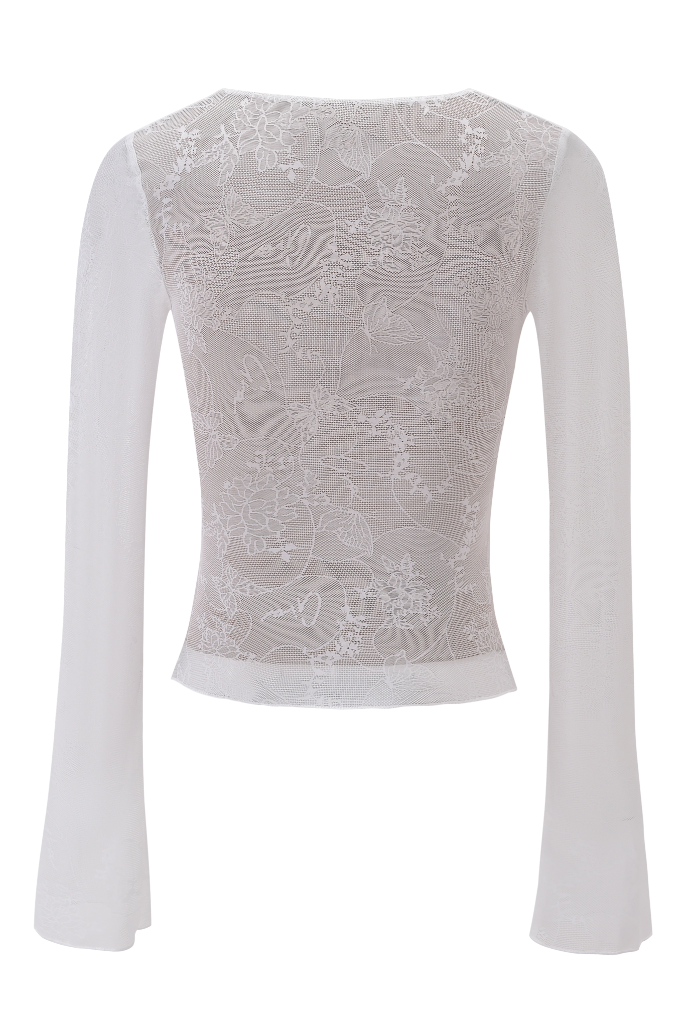 The YVETTE TOP - WHITE : BUTTERFLY LACE by I.AM.GIA is a sheer long-sleeve bodysuit featuring custom 'GIA' butterfly lace, a high round neckline, and a fitted silhouette.