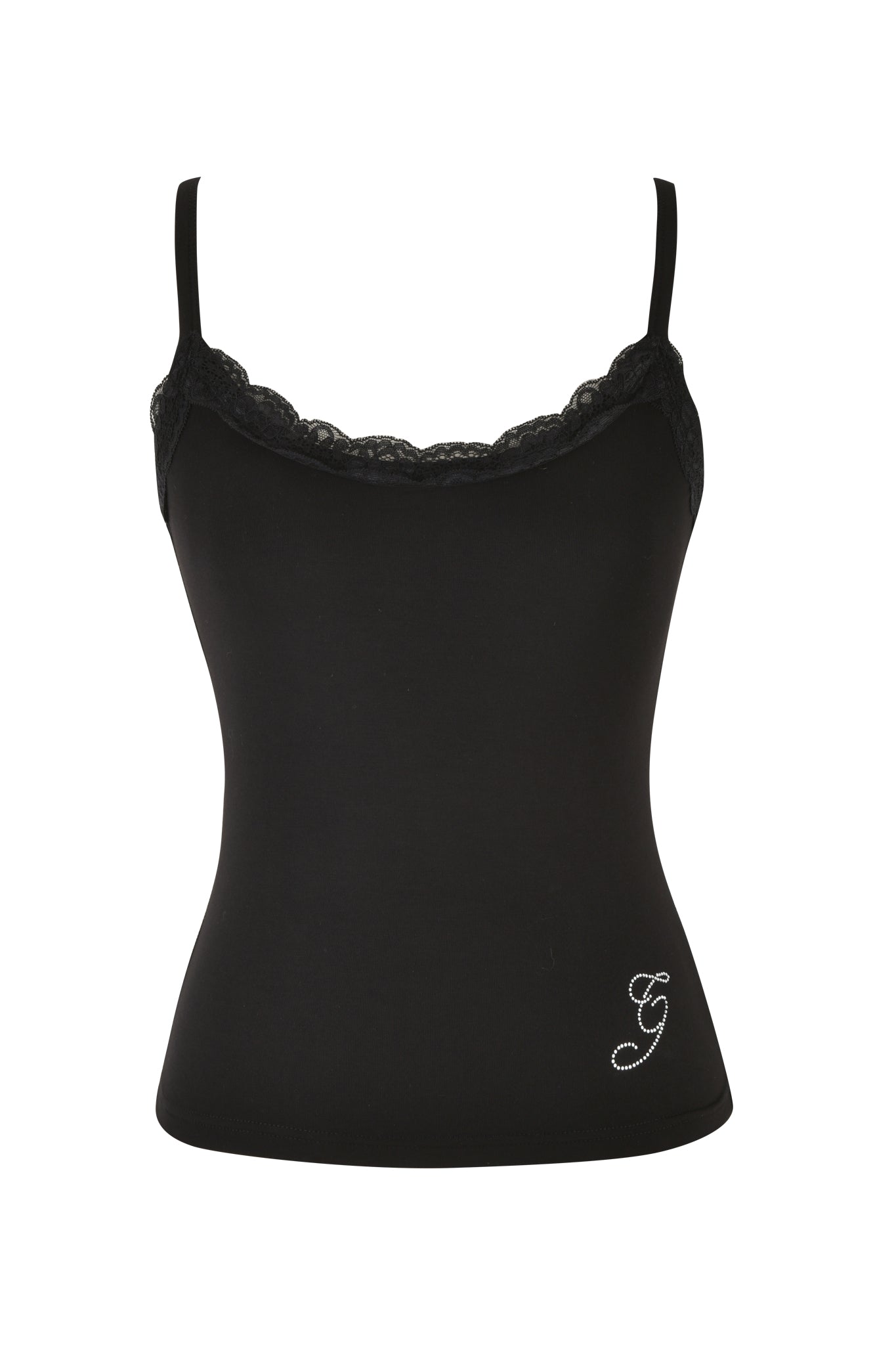 The ERIN TOP - BLACK by I.AM.GIA is a black camisole with thin straps and a bodycon fit, accented with delicate black lace trim around the neckline and featuring a decorative rhinestone "G" near the bottom.