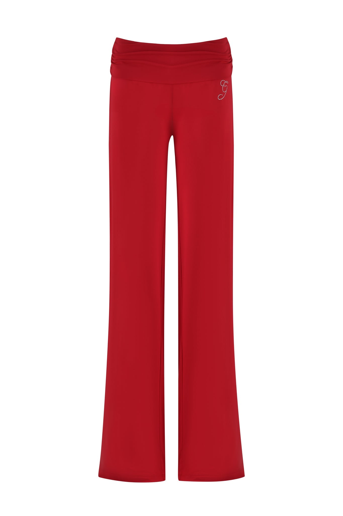 Introducing the ERIN PANT - RED by I.AM.GIA: These versatile pants feature a wide-leg design and a discreet logo on the upper left side. Made from smooth, stretchy bamboo fabric with a mid-rise waist, they offer exceptional comfort for both casual and athletic occasions.