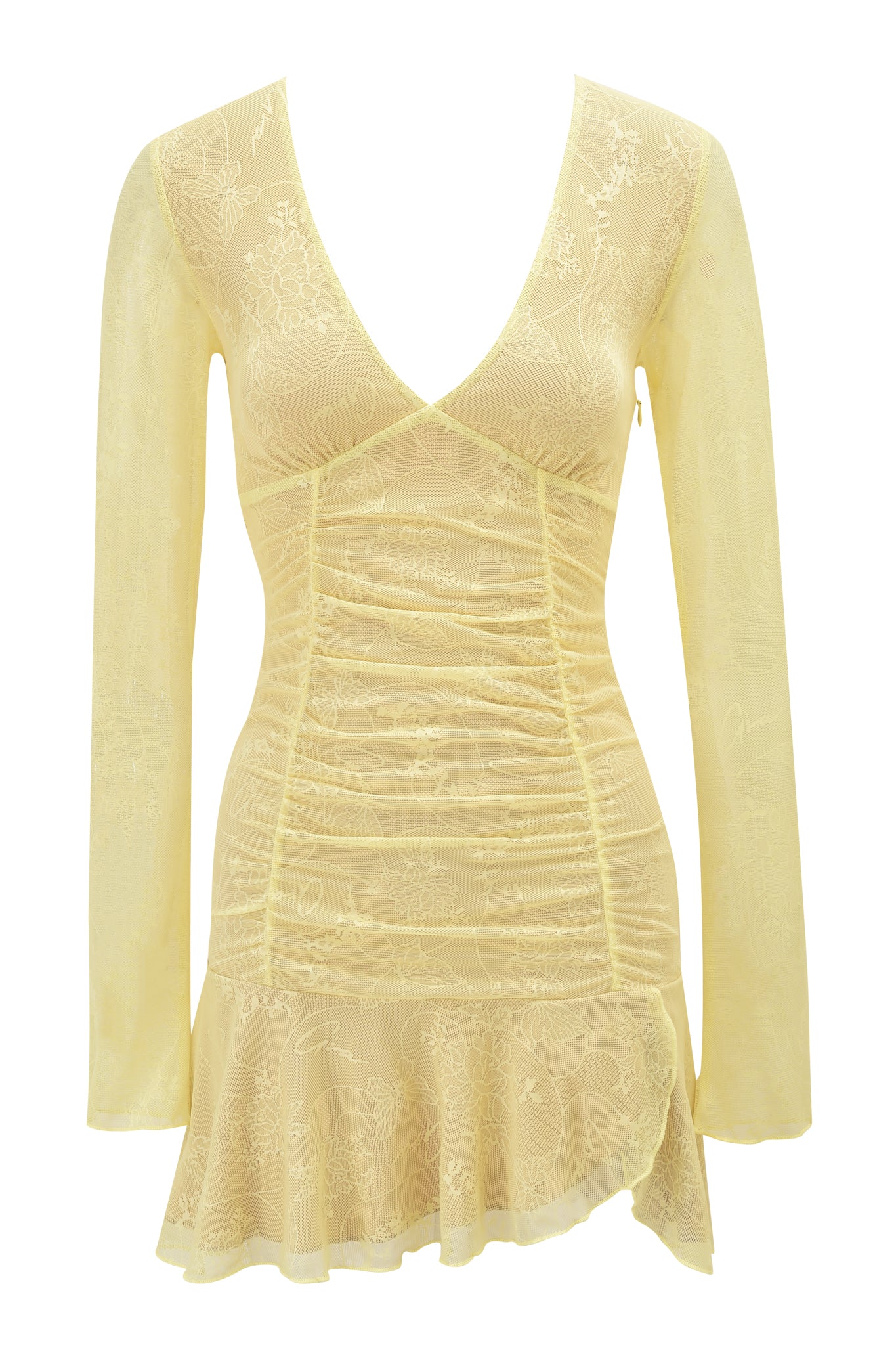 The I.AM.GIA YVETTE Lace Long Sleeve Ruched Mini Dress in yellow features a deep V-neckline, subtle floral lace, ruched front, and an asymmetrical ruffled hem for a chic, feminine look.