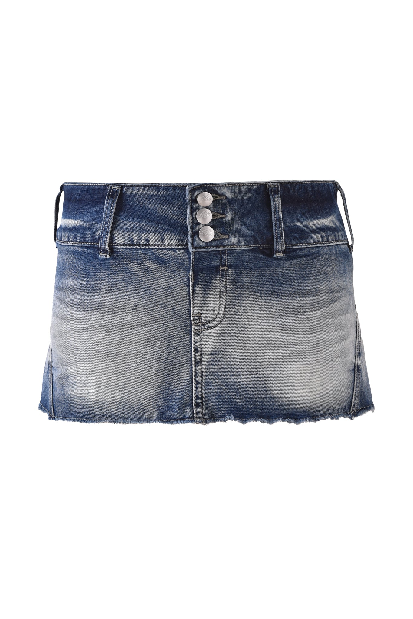 The NYKKO SKORT - ICE BLUE by I.AM.GIA is a blue denim micro mini skort featuring a frayed hem, belt loops, three silver front buttons, and faded front detailing.