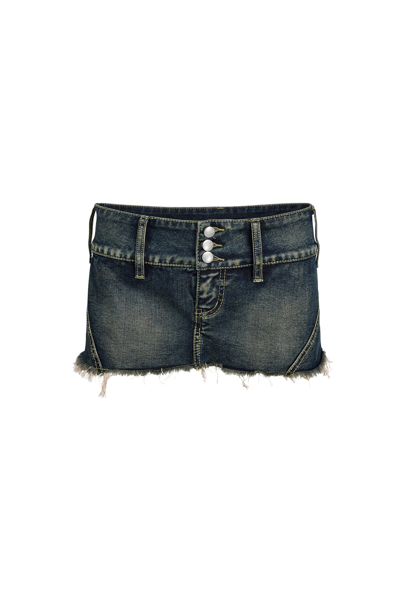 The NYKKO SKORT - BLUE from I.AM.GIA is a dark blue, frayed denim mini skirt with three silver buttons on the front. It features two belt loops on the waistband, slightly faded areas, and a raw, unfinished hemline.