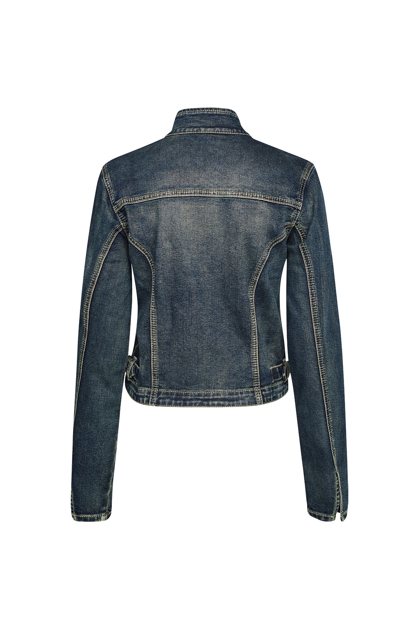 A back view of the NYKKO JACKET - BLUE : DENIM BLUE by I.AM.GIA, showcasing its long sleeves. The jacket features visible stitching details and a slightly faded design that adds a vintage look. The simple collar and fitted appearance echo I.AM.GIA’s edgy style, complemented by adjustable tabs on the sides near the bottom.